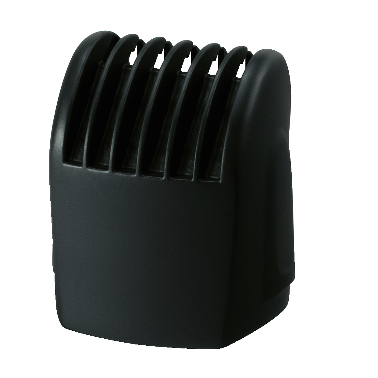 Un accessoire de peigne de guidage en plastique noir pour une tondeuse à cheveux avec des dents uniformément espacées sur un fond blanc.