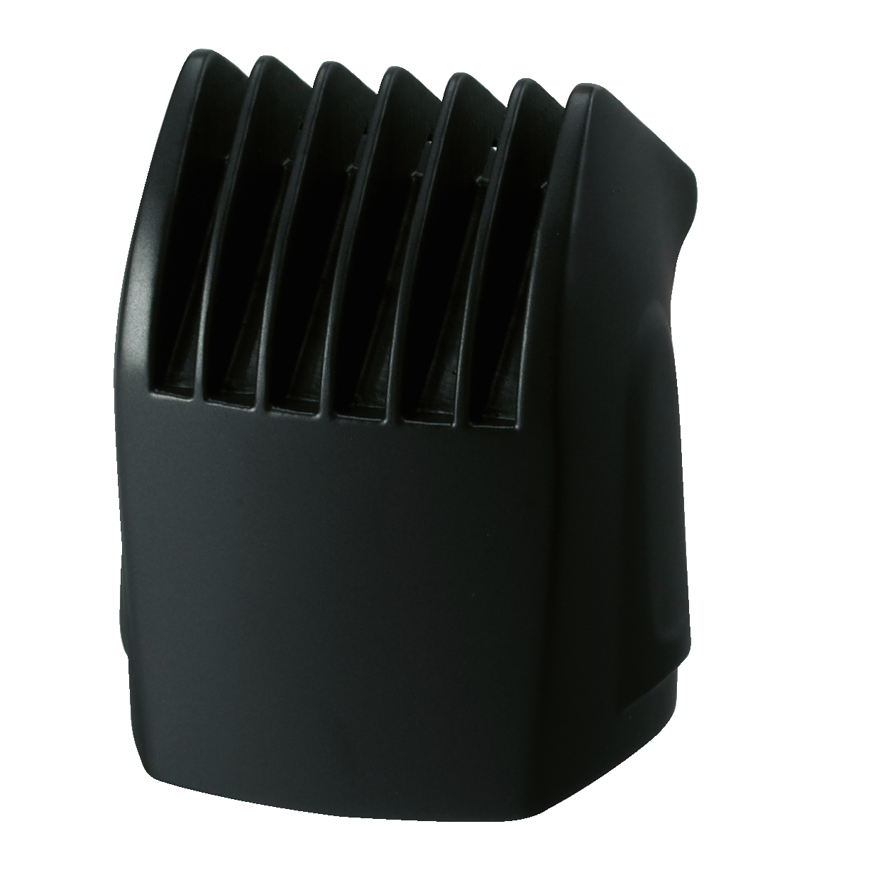 Un accessoire de peigne de guidage en plastique noir pour une tondeuse à cheveux avec des dents uniformément espacées sur un fond blanc.
