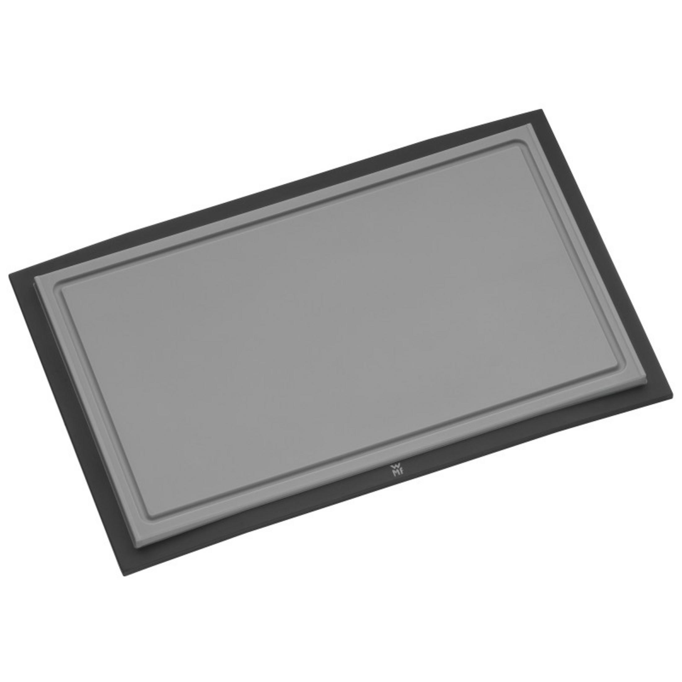 Plateau de service rectangulaire gris avec cadre noir. Surface lisse et brillante.