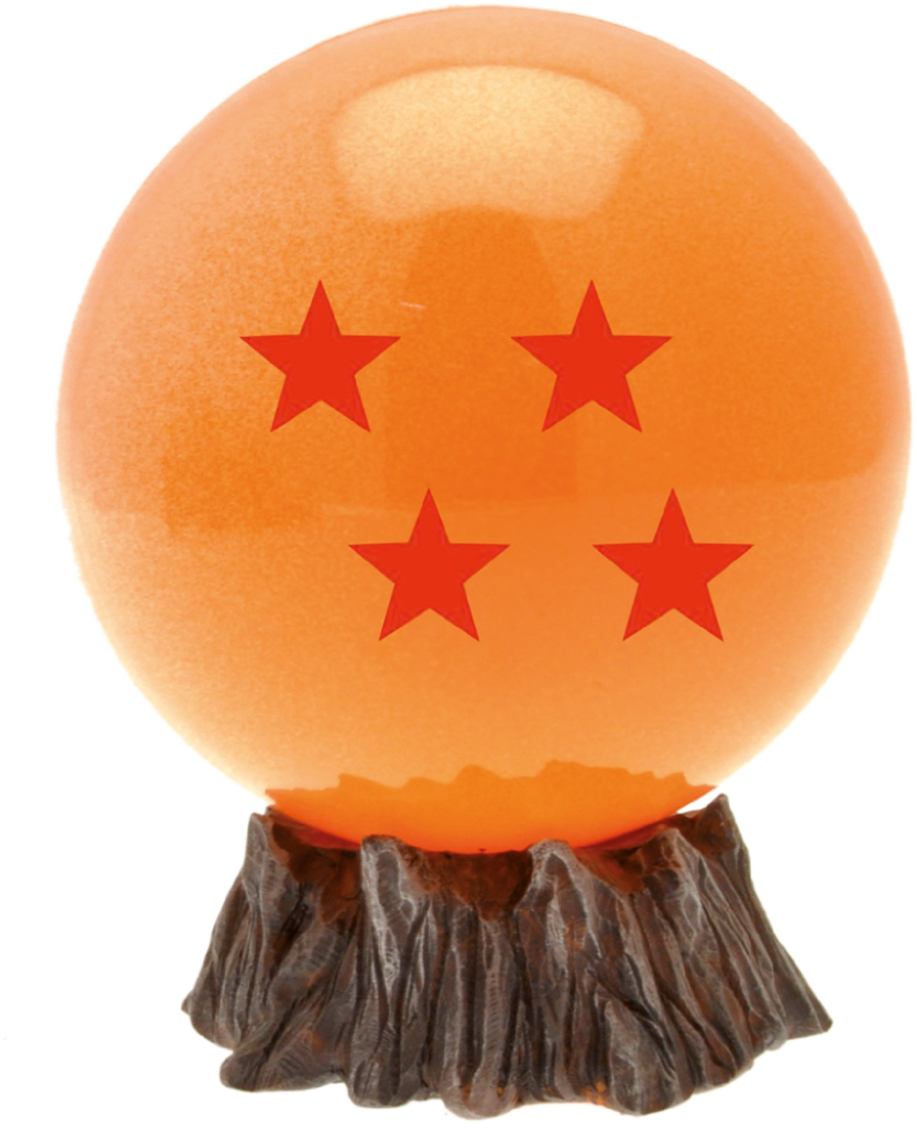Ein orangefarbener Dragon Ball mit vier roten Sternen, der auf einem braunen, felsigen Sockel ruht.