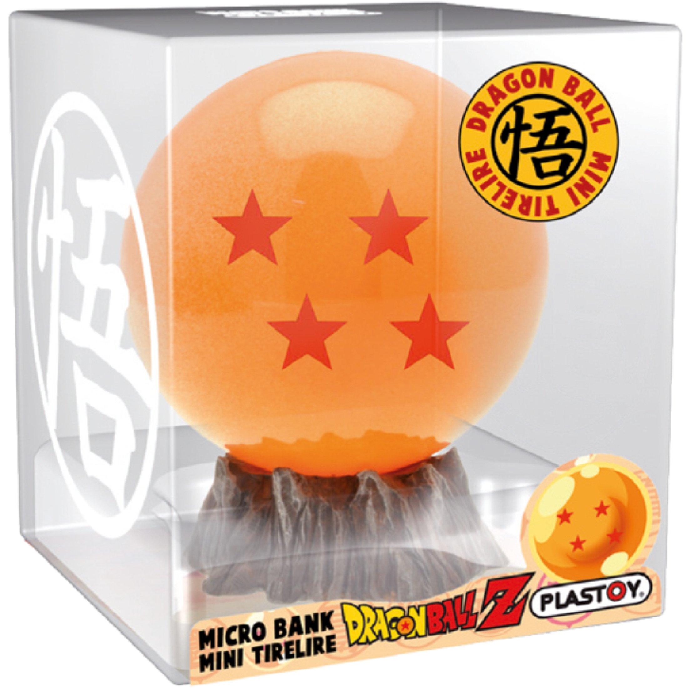 Ein Dragon Ball in einer durchsichtigen Box. Es hat vier Sterne und steht auf einem felsigen Sockel.