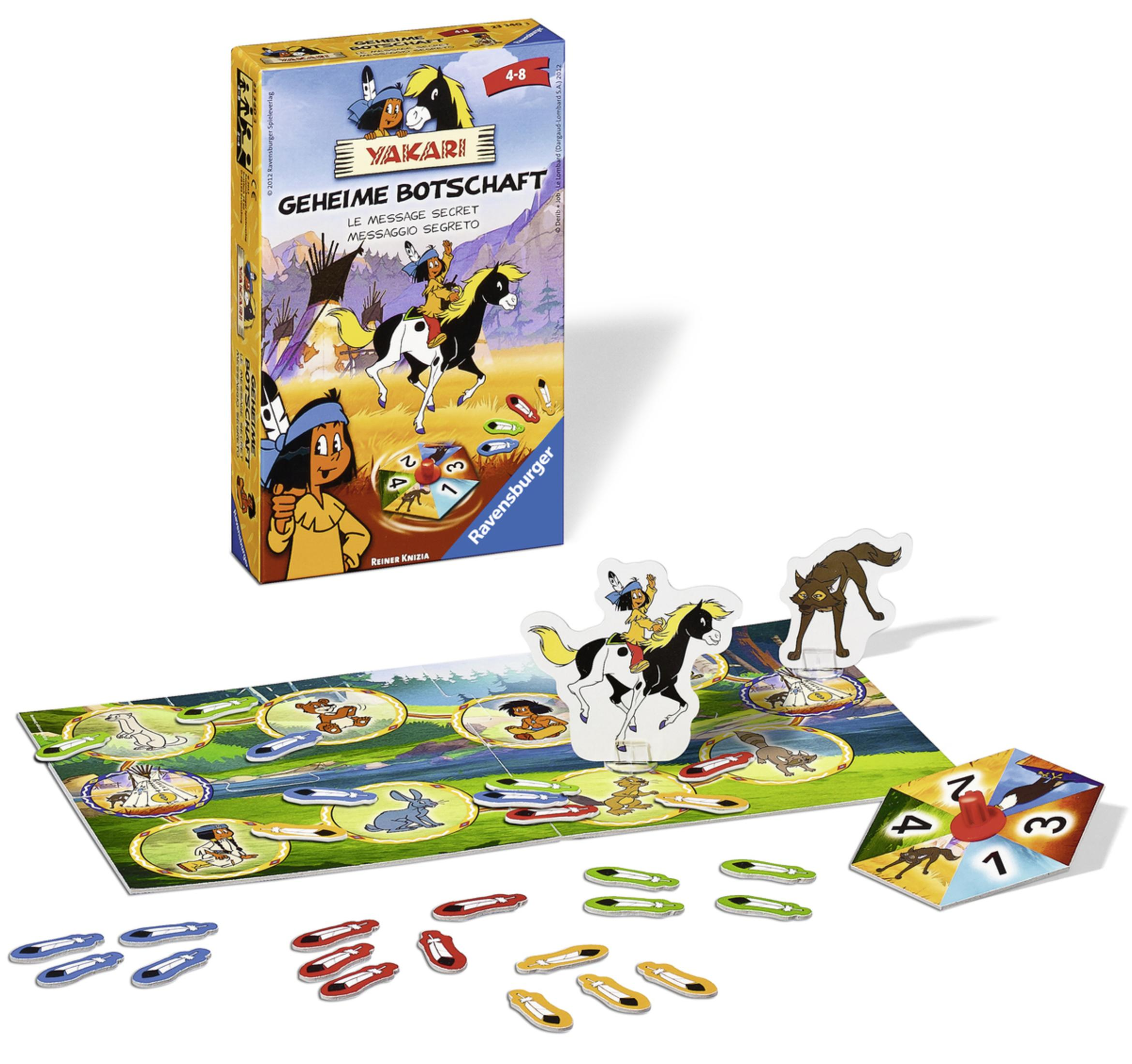 Yakari Brettspiel mit Figuren, Spielbrett und Spielsteinen auf weißer Oberfläche.