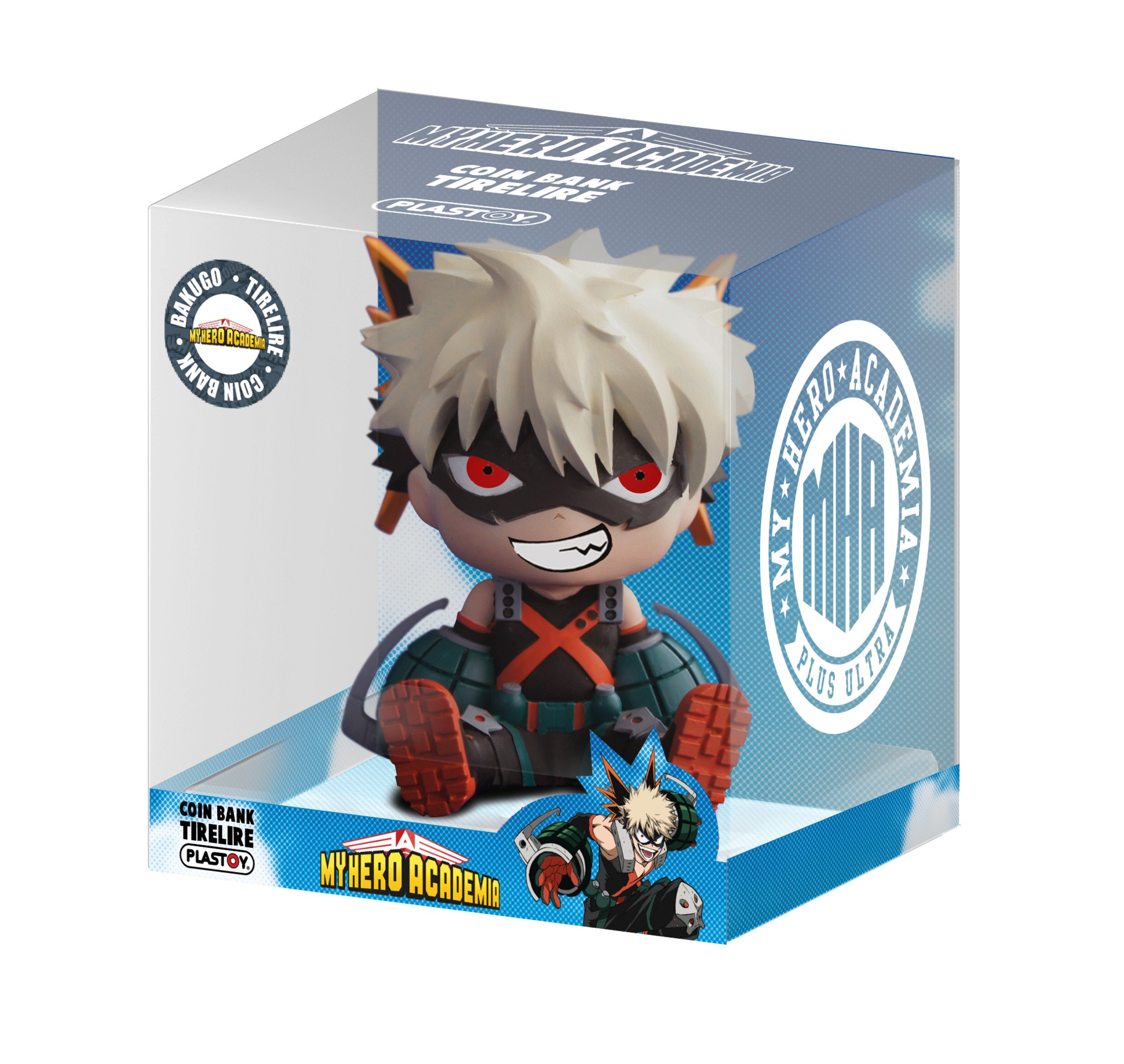 Un banco de monedas de personajes de dibujos animados en una caja. La caja tiene texto y el personaje en ella. Fondo blanco.