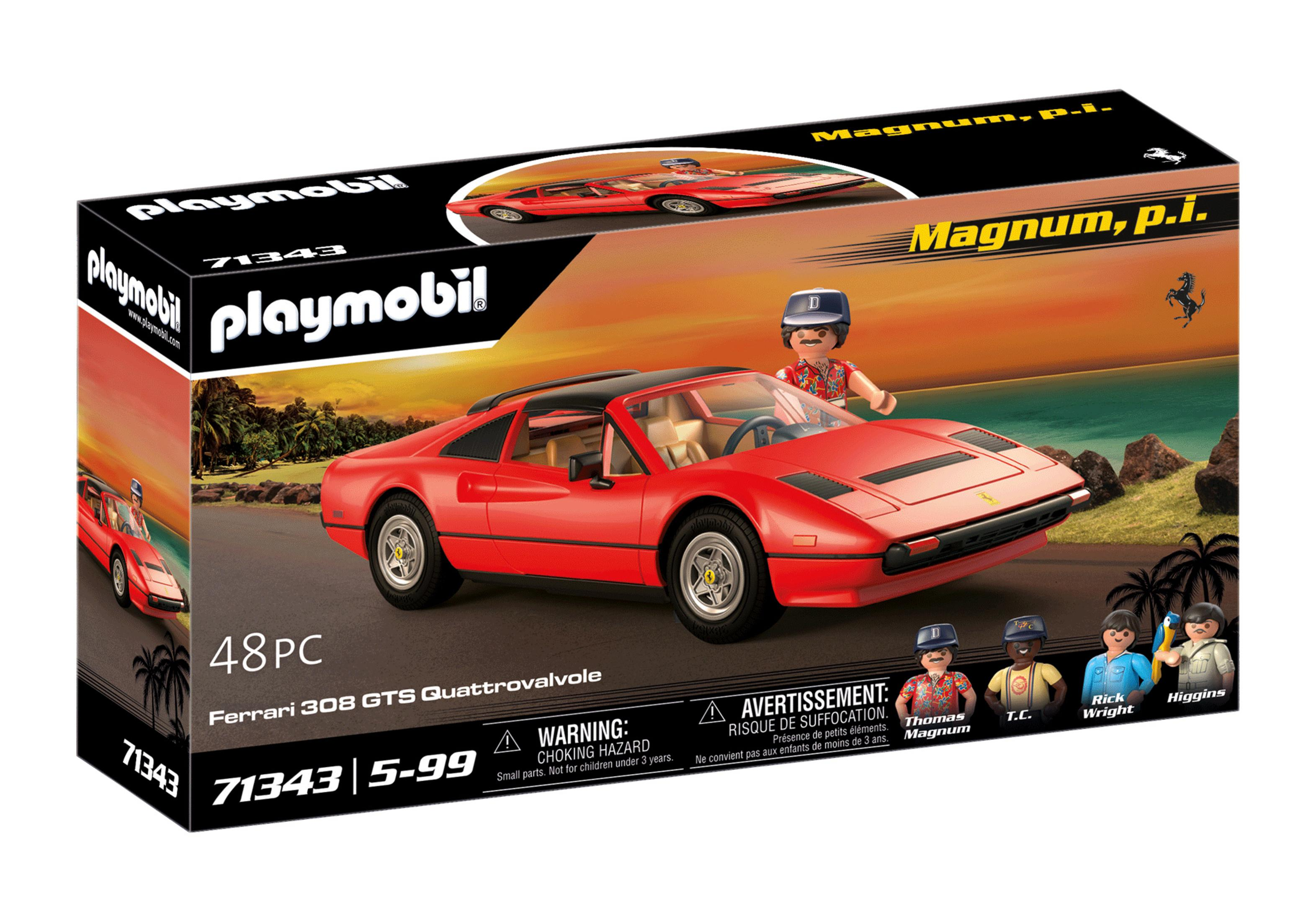 Pudełko Playmobil z czerwonym modelem samochodu Ferrari 308 GTS Quattrovalvole i brandingiem 'Magnum, p.i.'.