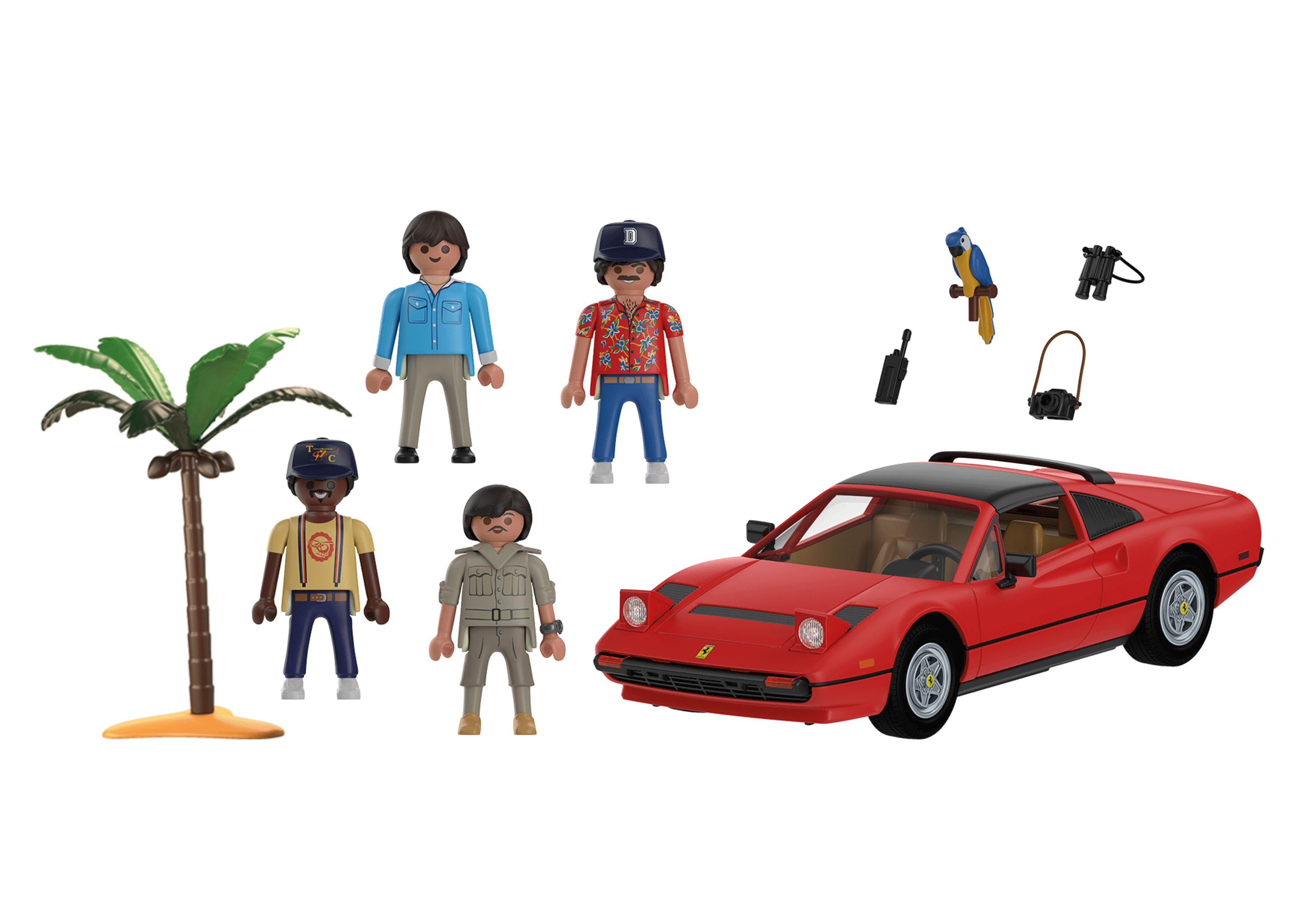 Zestaw Playmobil z figurkami, palmą i czerwonym Ferrari 308 GTS, wszystko na białym tle.