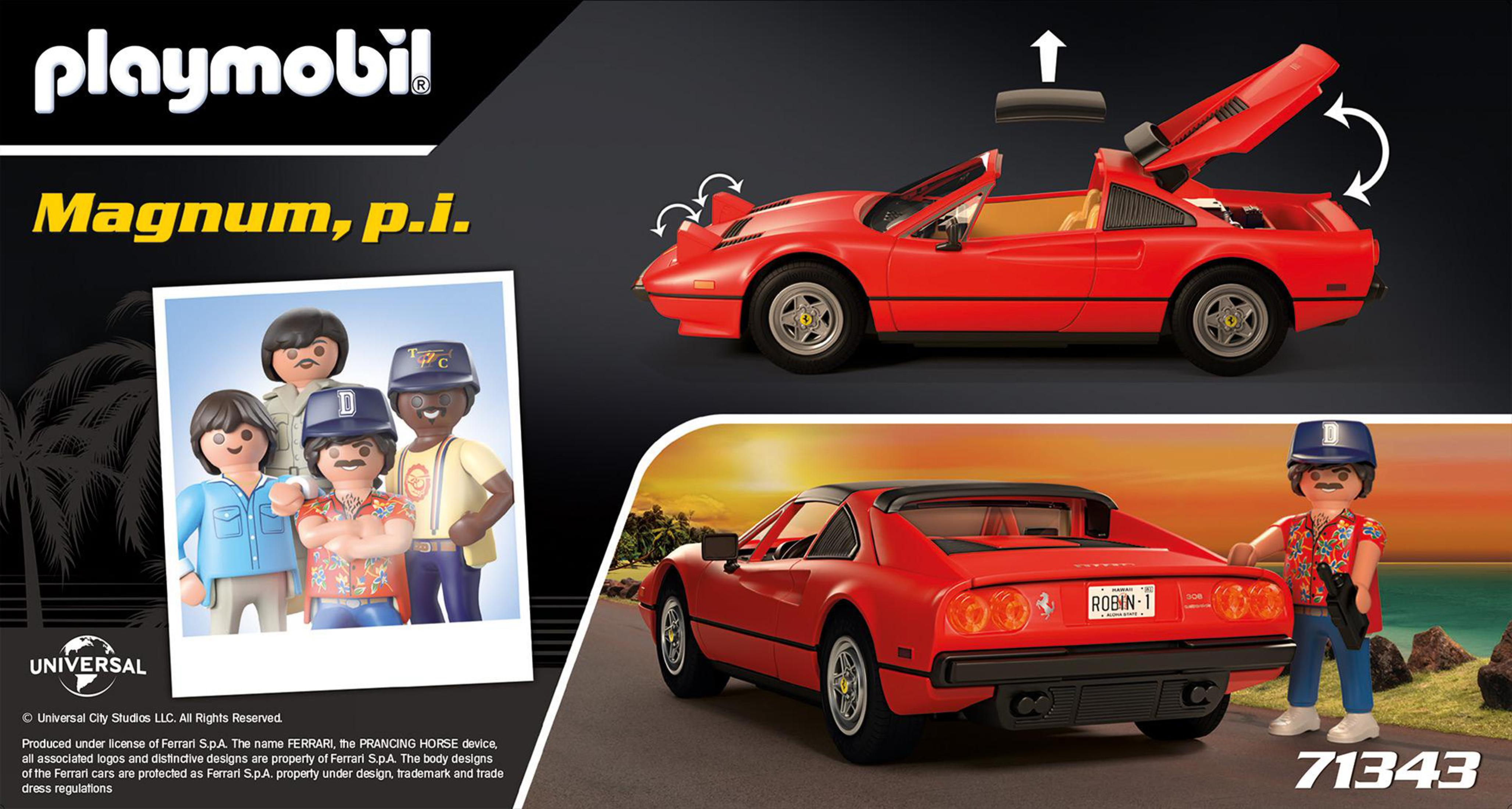 Zestaw Playmobil 'Magnum, p.i.' z czerwonym Ferrari 308 GTS z otwieranymi częściami i figurkami postaci.