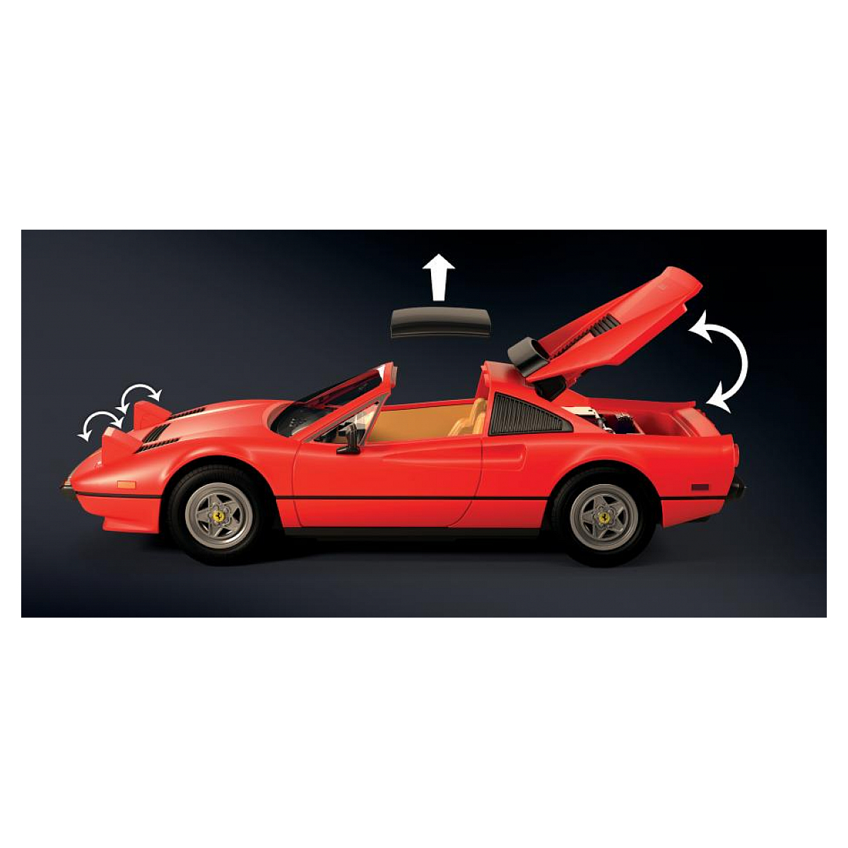 Czerwone Ferrari 308 GTS z otwieranymi częściami, na ciemnym tle, prezentujące jego cechy.