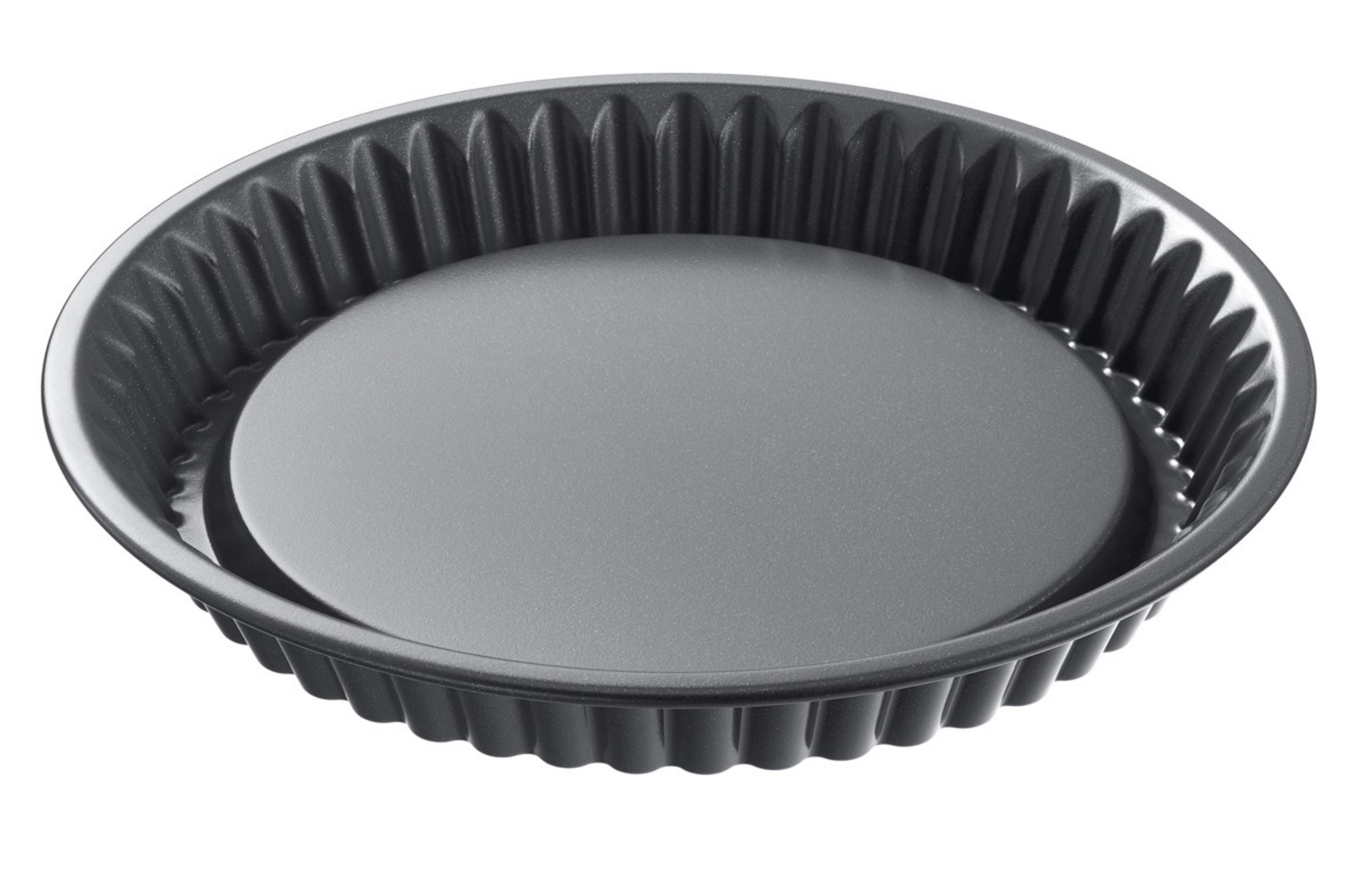 Eine graue Antihaft-Tarteform mit geriffelten Seiten auf weißem Hintergrund.