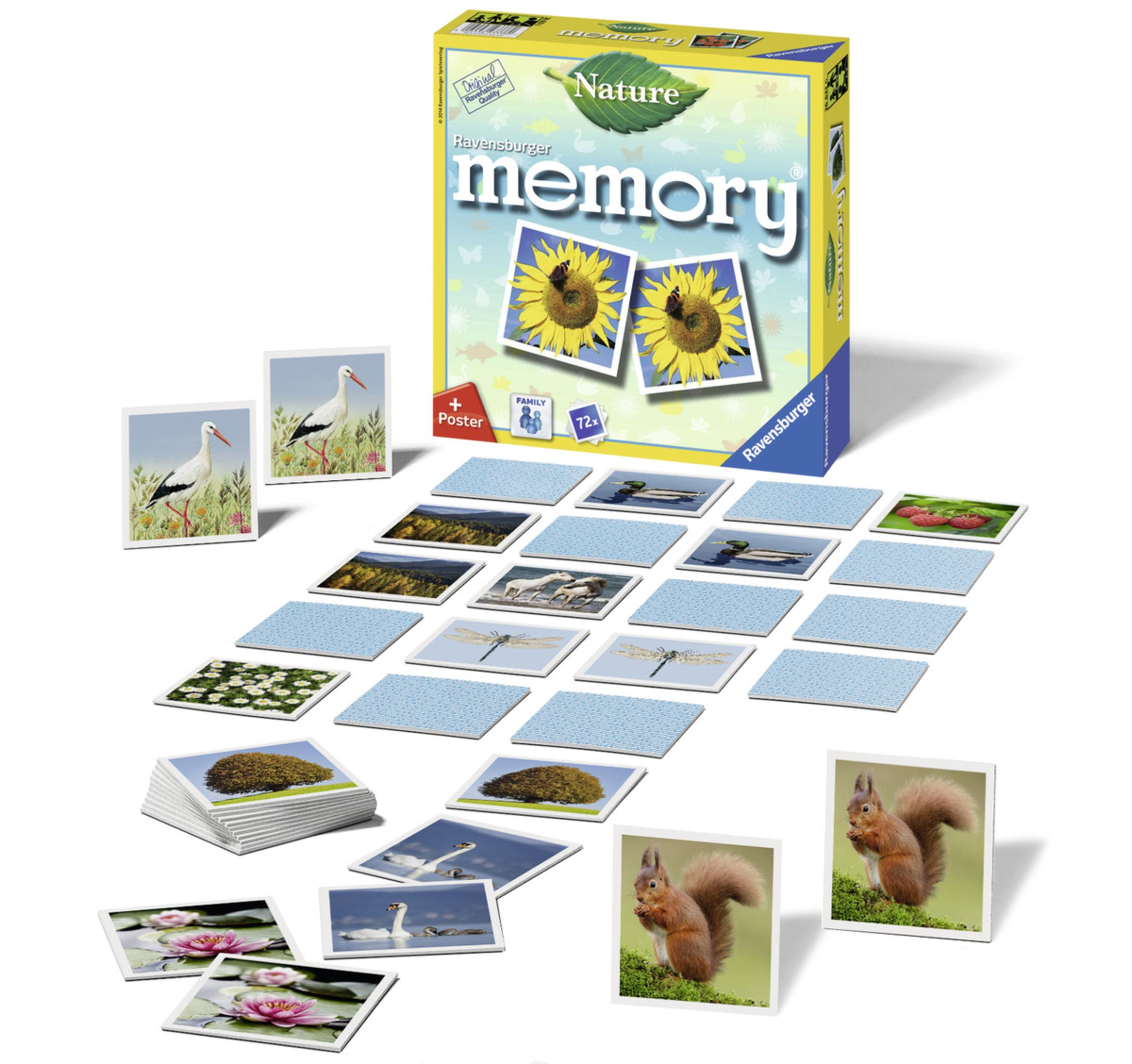Das Bild zeigt ein Ravensburger Memory-Spiel mit Karten, die Tiere und Naturszenen zeigen.