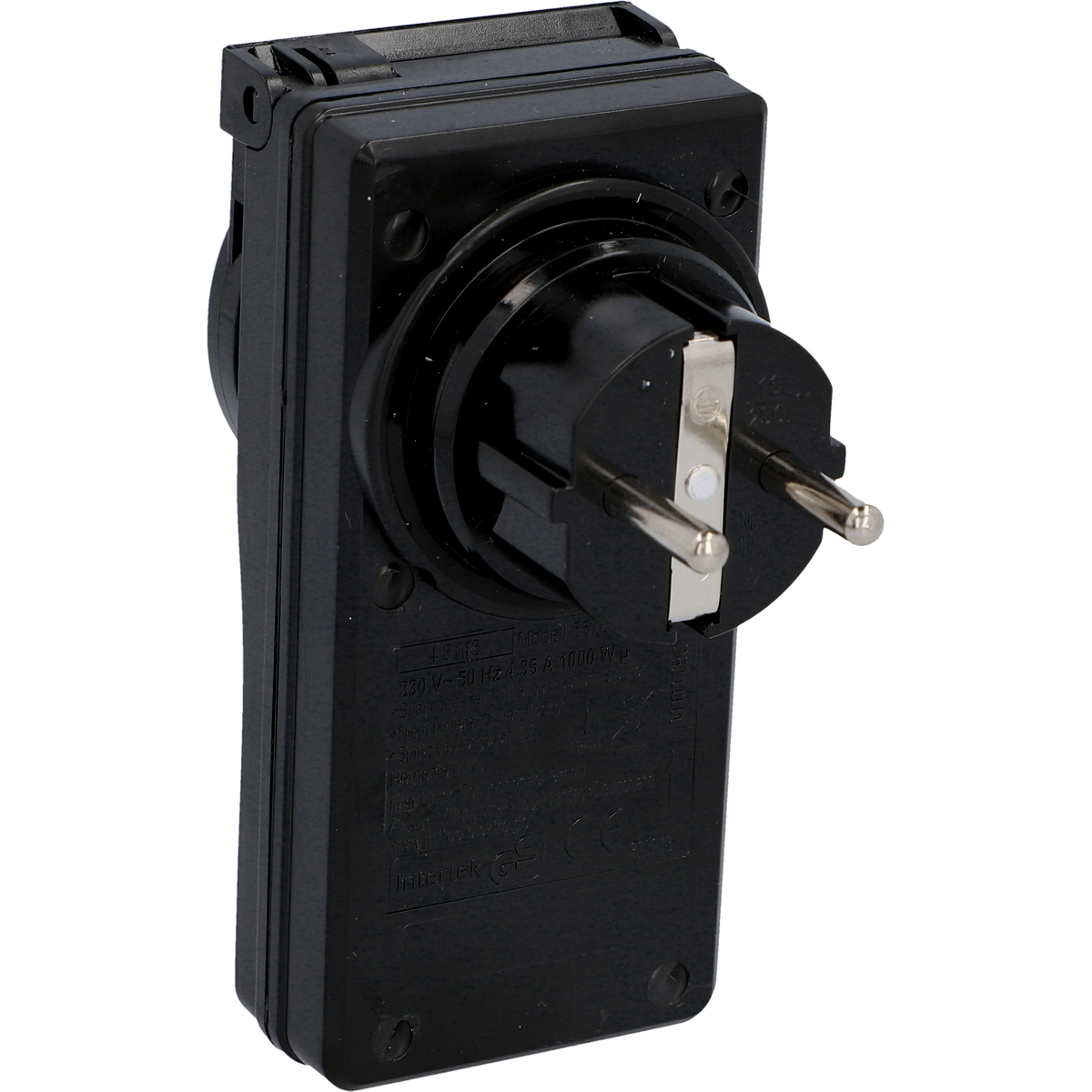 Schwarzer Netzsteckeradapter. Die Stifte und Informationen sind sichtbar. Oben befindet sich eine schwarze Abdeckung.