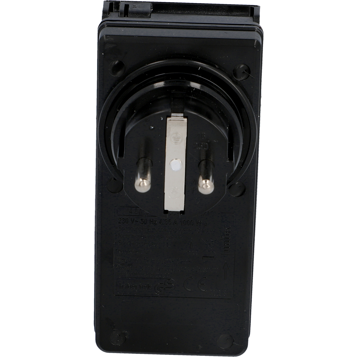 Schwarzer Netzsteckeradapter. Die Stifte und Informationen sind sichtbar. Oben befindet sich eine schwarze Abdeckung.