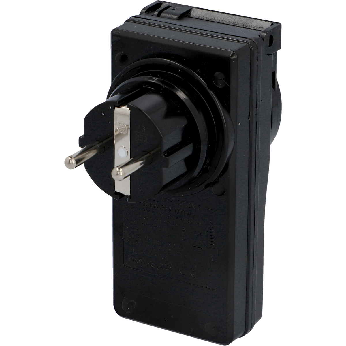 Schwarzer Netzsteckeradapter. Die Stifte und Informationen sind sichtbar. Oben befindet sich eine schwarze Abdeckung.