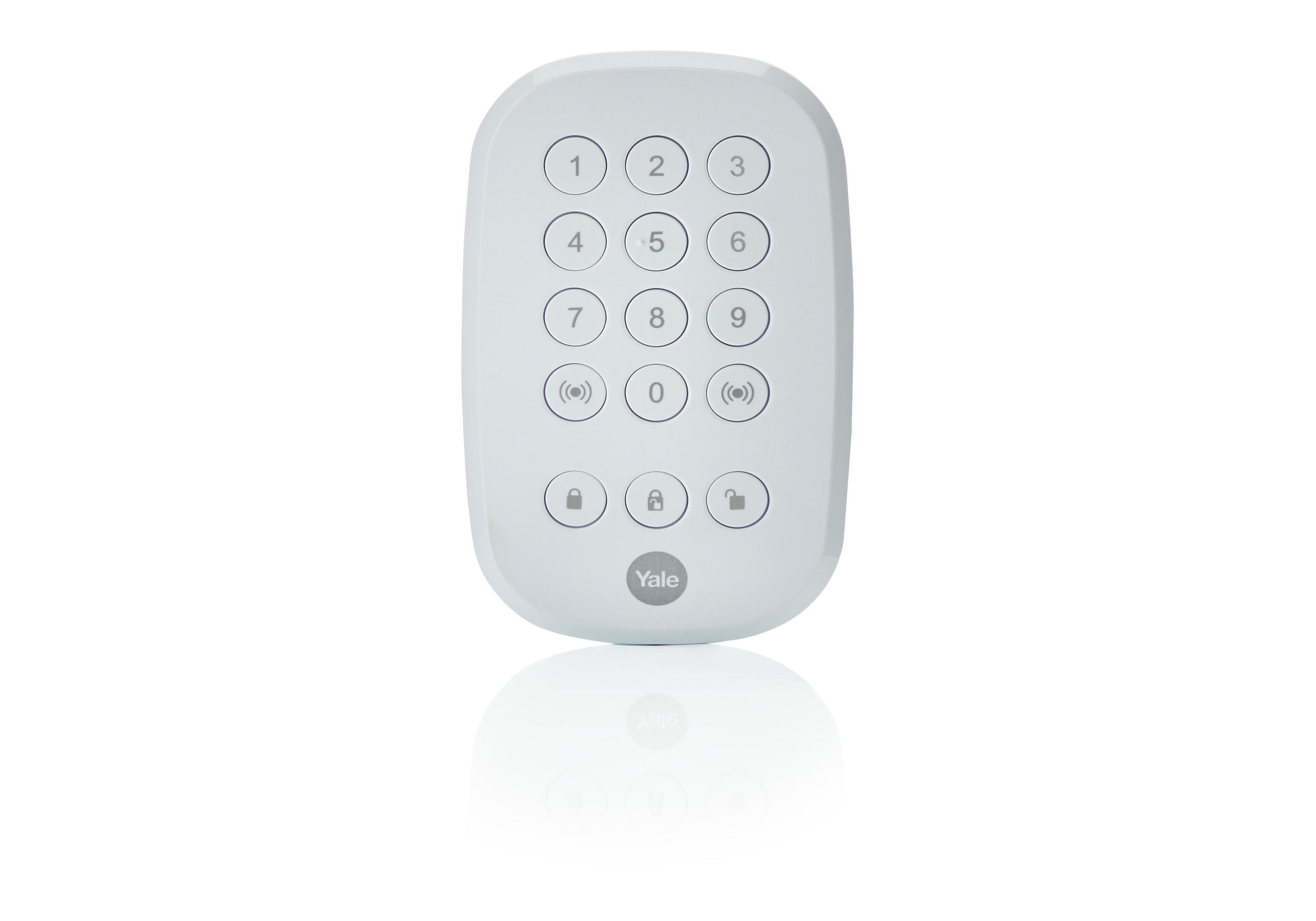 Weiße Yale-Tastatur mit Zahlen und Schlosssymbolen auf weißem Hintergrund.