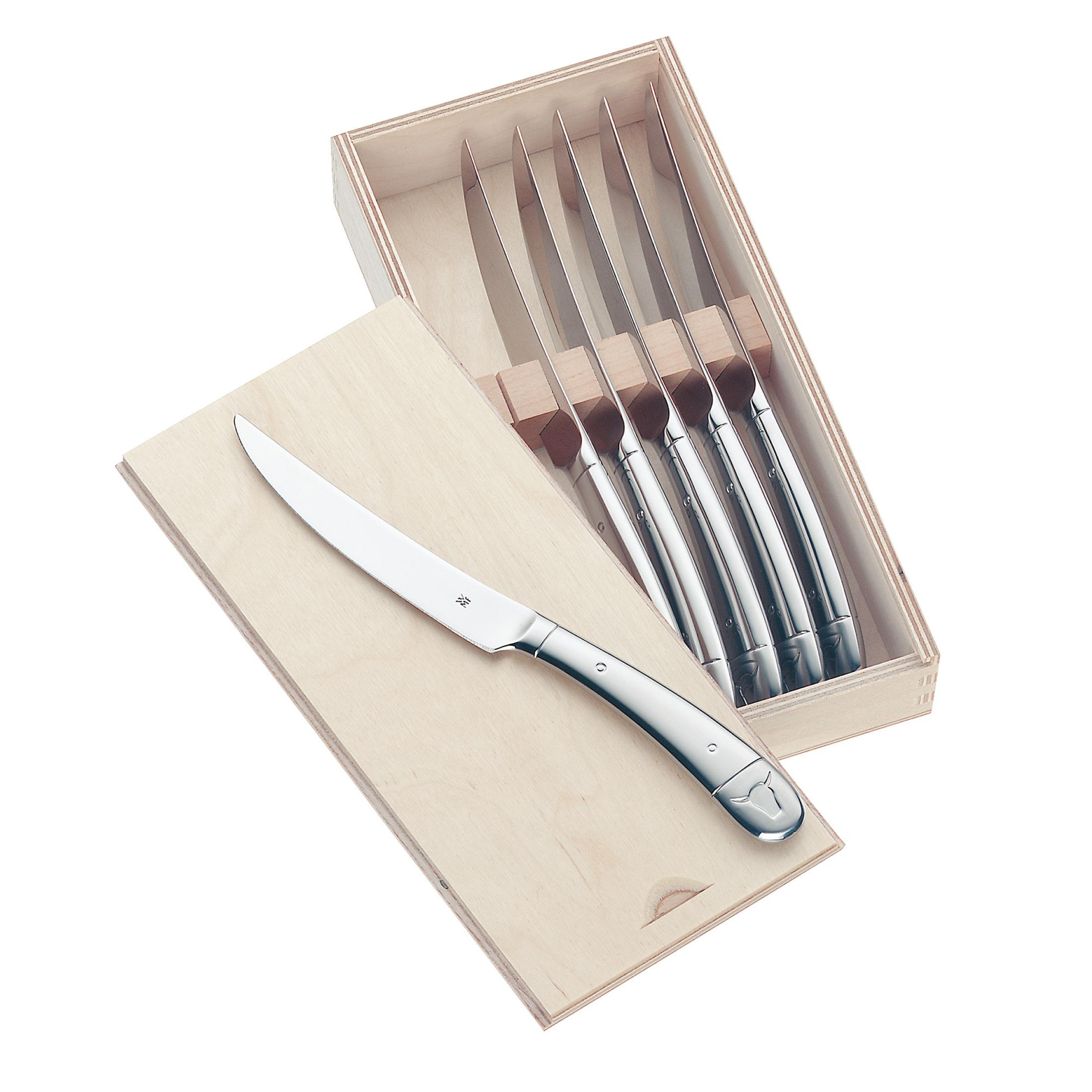 Ein Satz von sechs silbernen Steakmessern in einer Holzkiste mit einem Messer draußen.