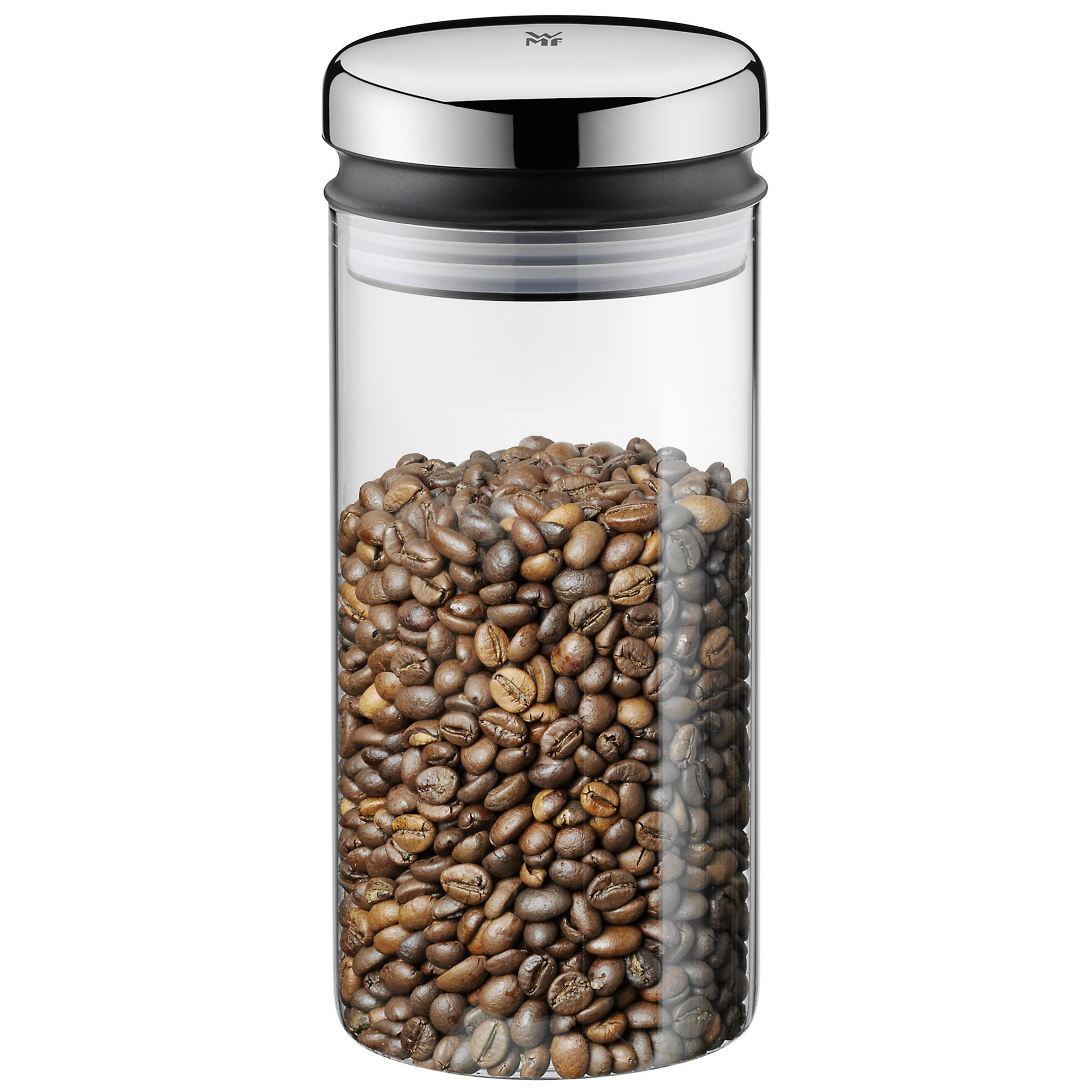 Ein klares Glas mit braunen Kaffeebohnen. Das Glas hat einen silbernen Deckel.