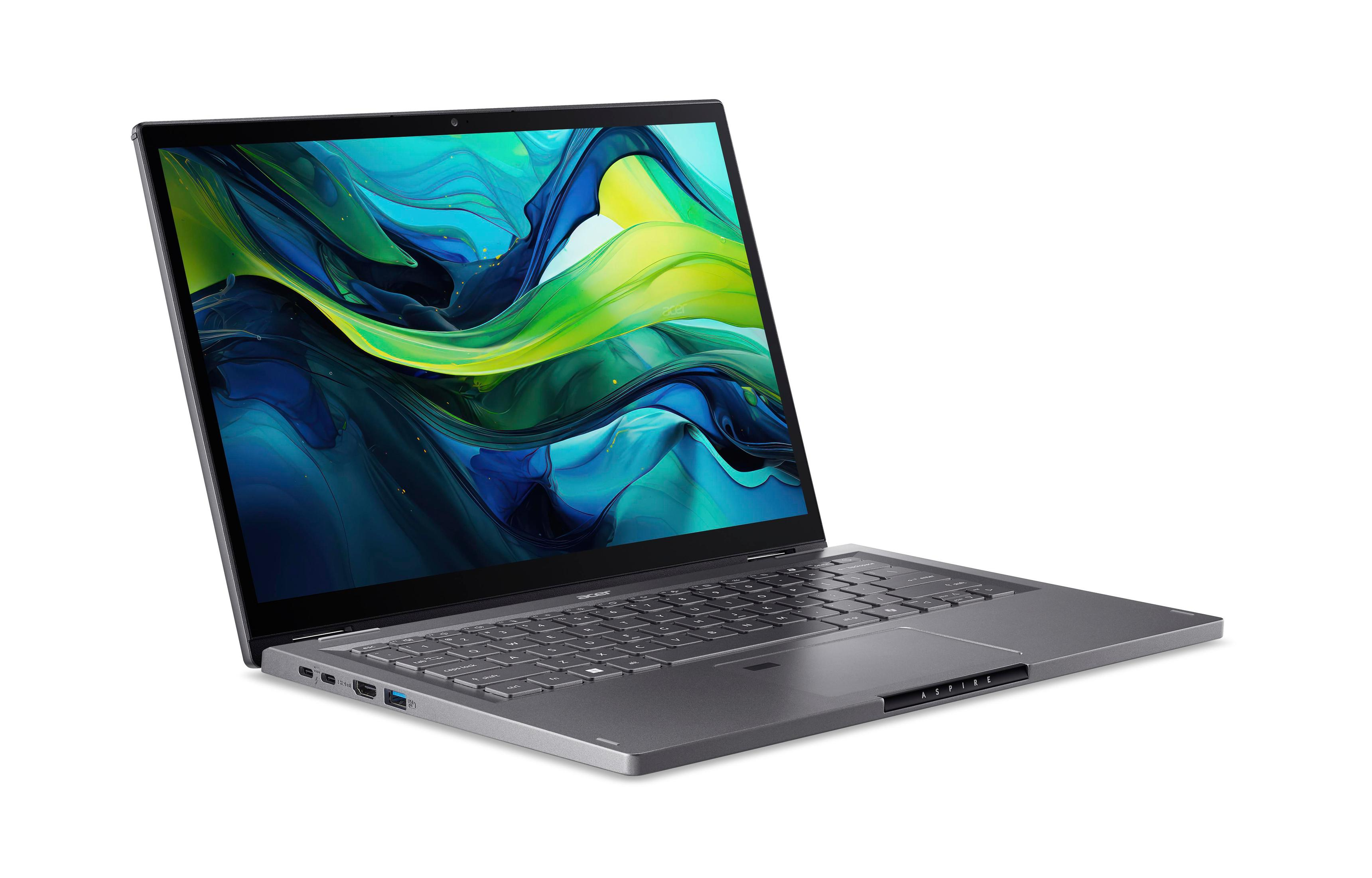 Offener Laptop mit abstraktem blau-grünem Design auf dem Bildschirm, Tastatur sichtbar, angewinkelt auf einer weißen Fläche.