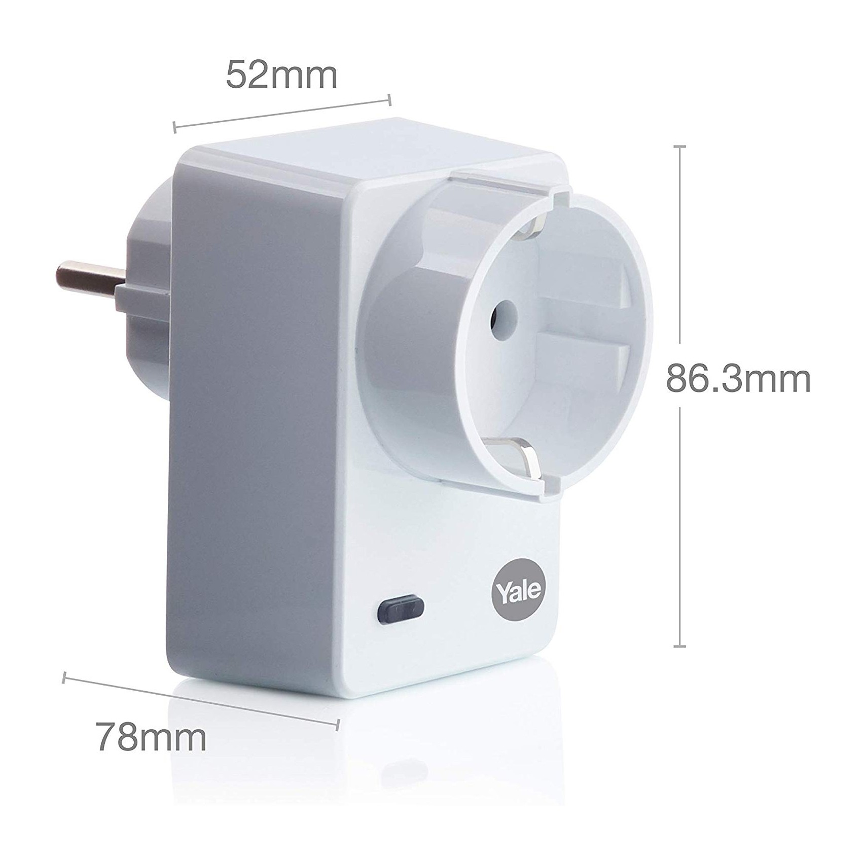 Ein weißer und grauer Smart Plug mit Yale-Logo, Abmessungen beschriftet mit 52mm, 86,3mm und 78mm.