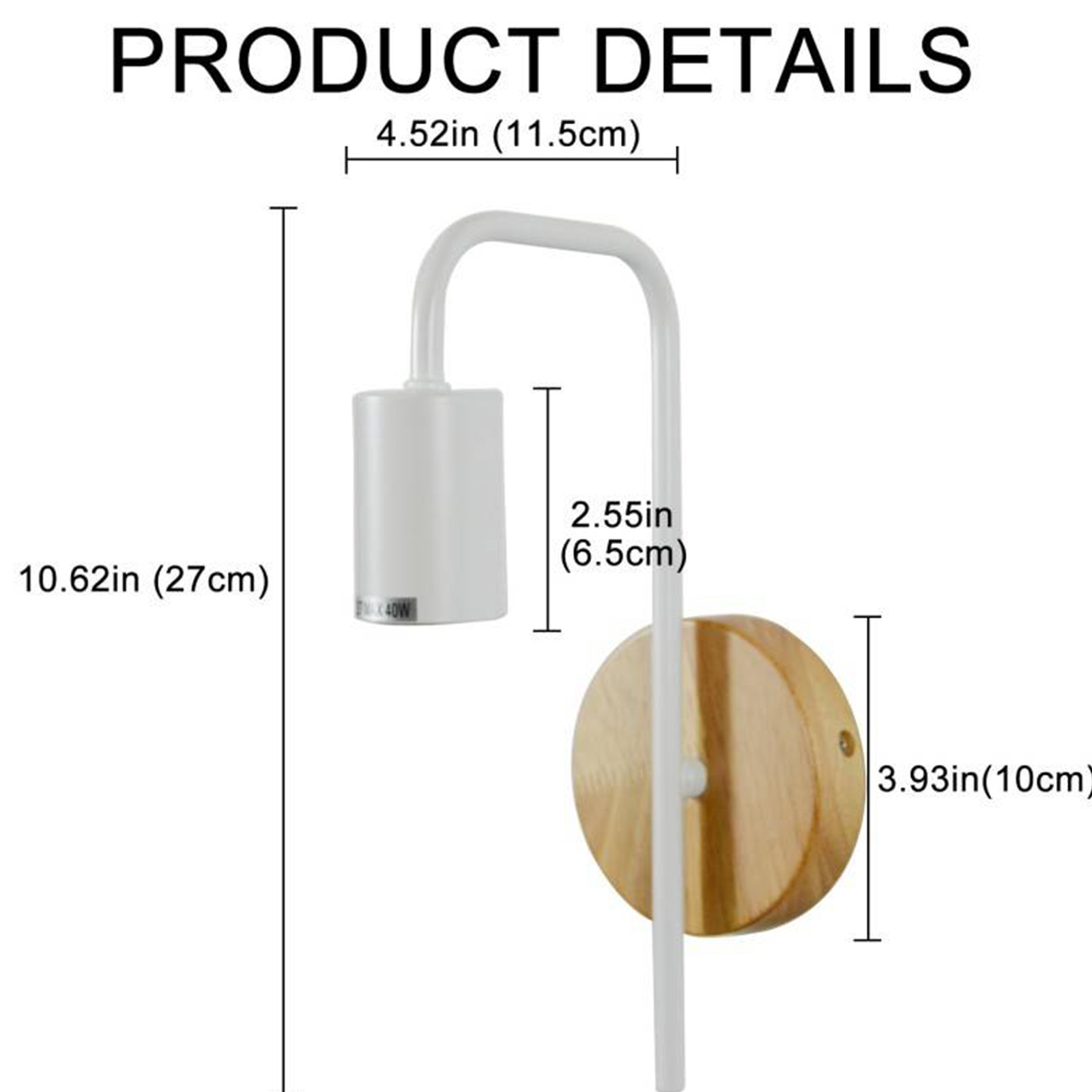 Un diagrama muestra las dimensiones de una lámpara de pared con un marco blanco y base de madera.