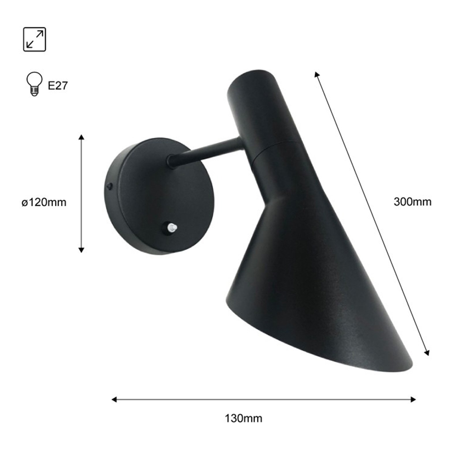 Se muestra una lámpara de pared negra con dimensiones sobre un fondo blanco.