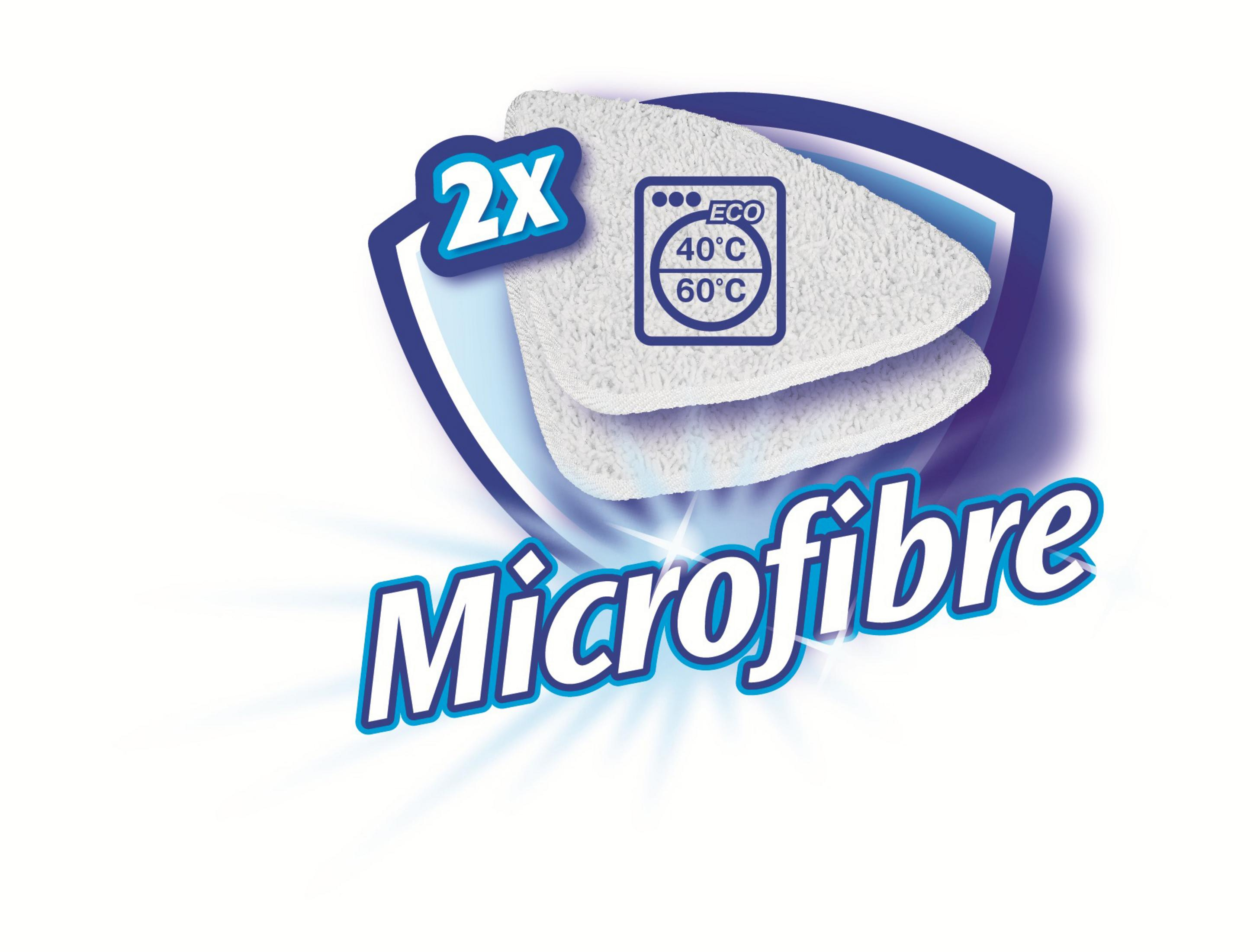 È esposto un cuscinetto in microfibra bianco con accenti blu e il testo "Microfibre".