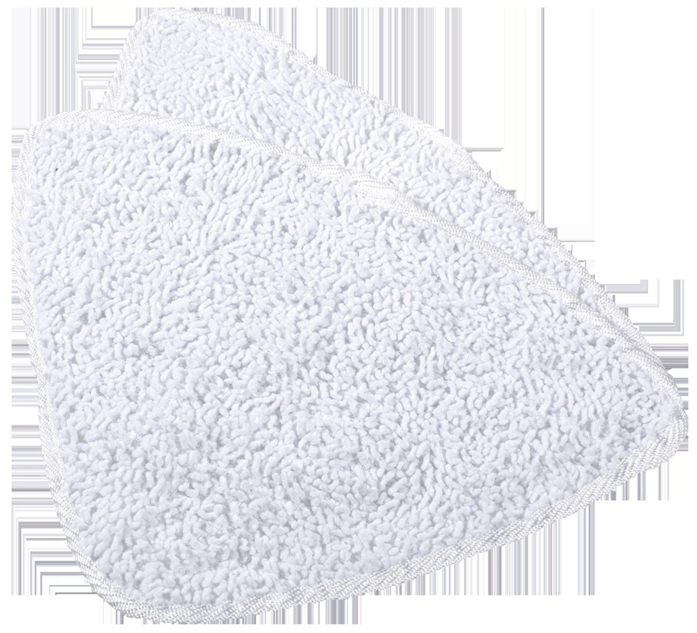Due cuscinetti per mocio in microfibra bianchi sono esposti su uno sfondo bianco.