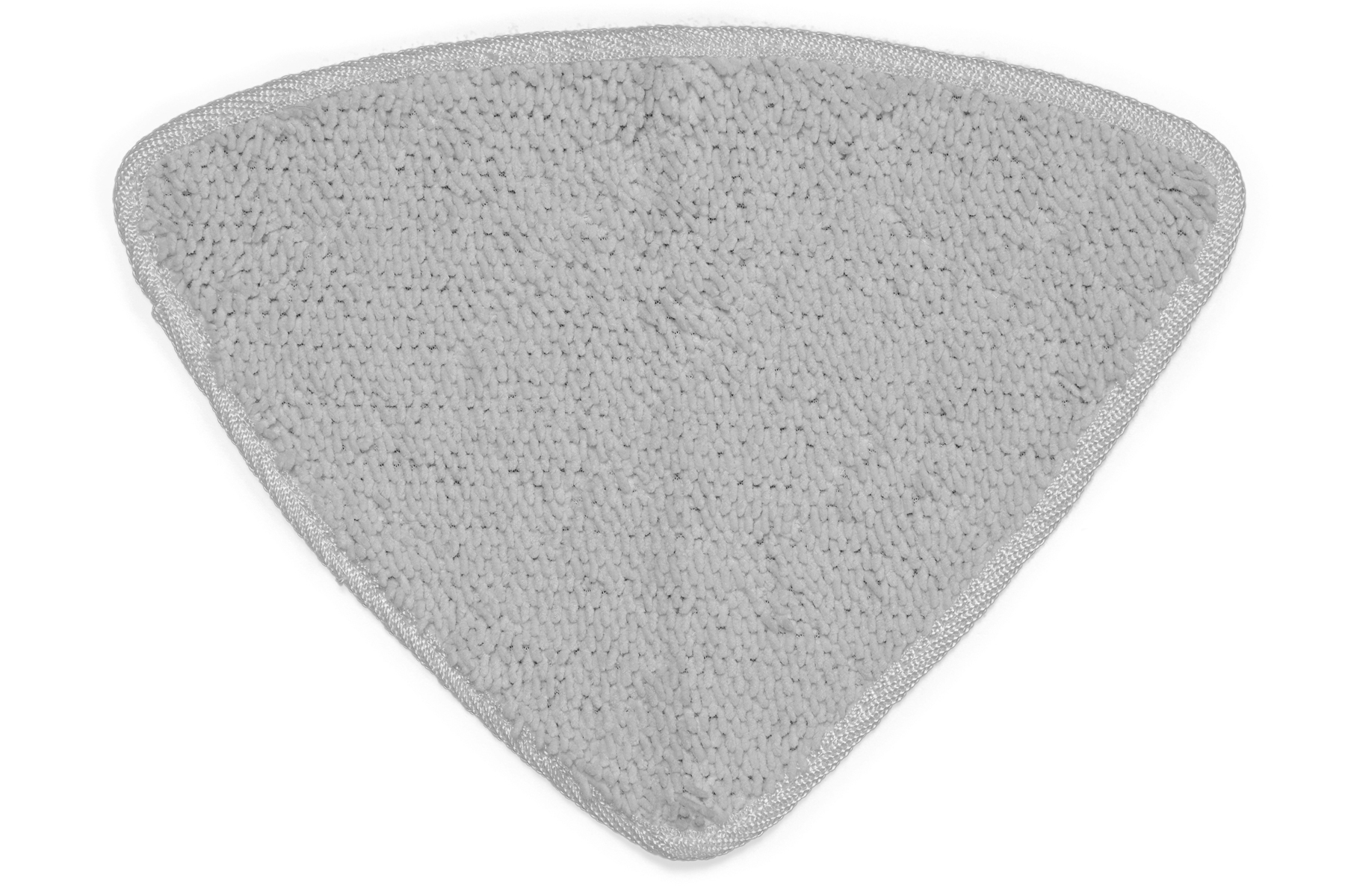 Un cuscinetto per mocio triangolare in microfibra grigia è esposto su uno sfondo bianco.