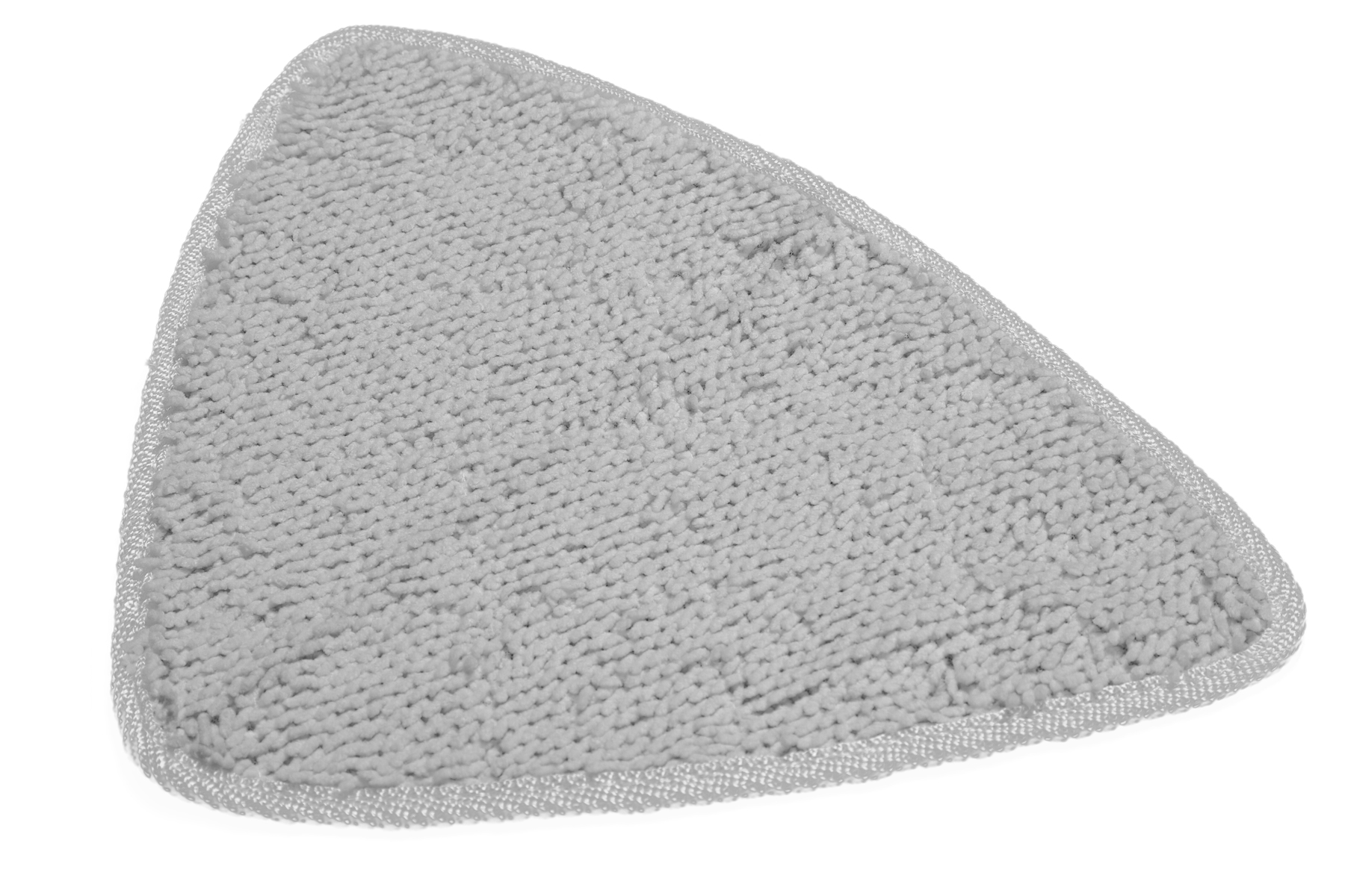 Un cuscinetto per mocio triangolare in microfibra grigia è esposto su uno sfondo bianco.
