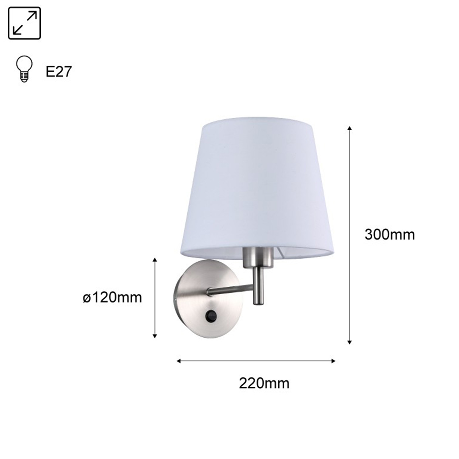 Lámpara de pared con pantalla blanca, dimensiones mostradas sobre fondo blanco.