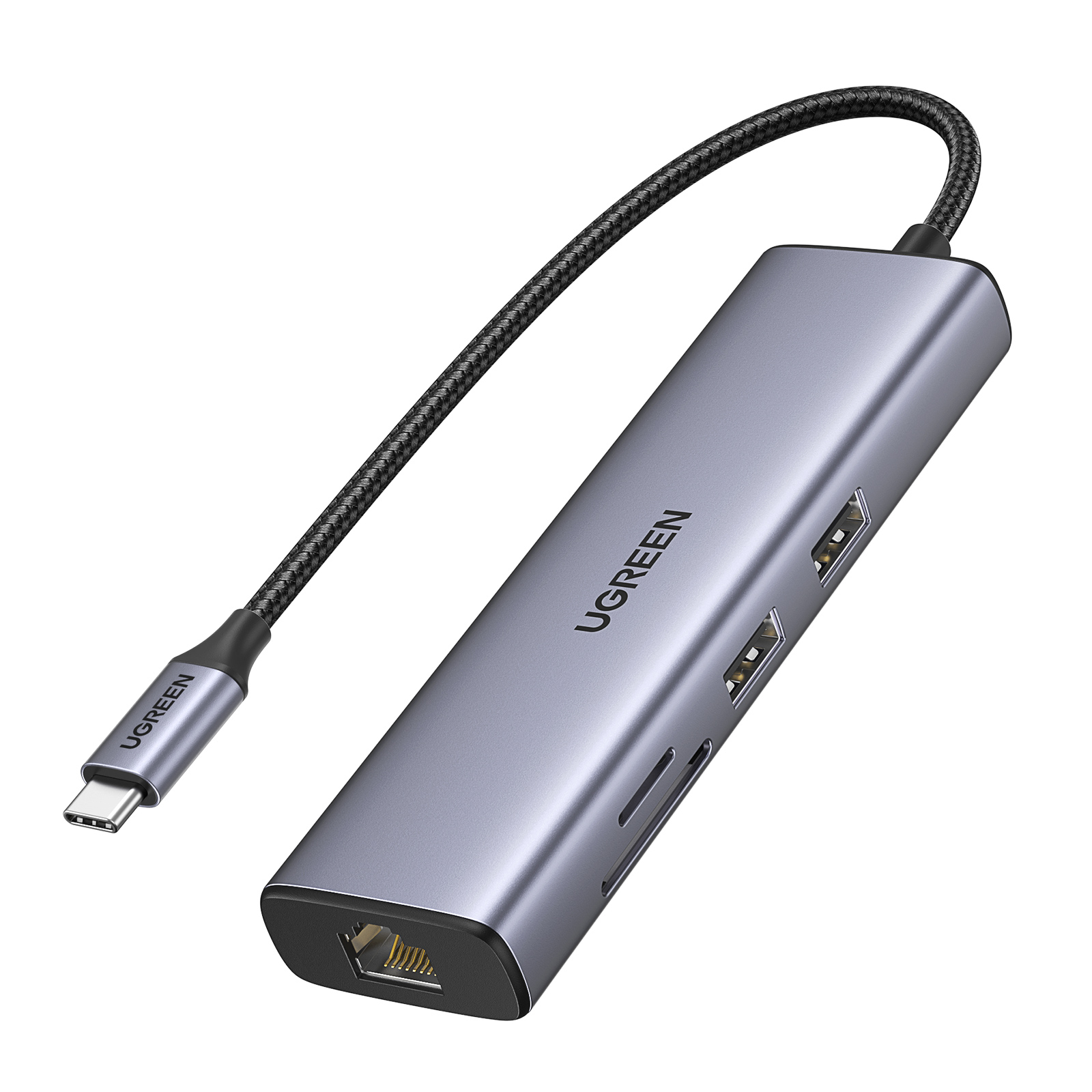 Un hub USB-C UGREEN con un cavo corto attaccato è mostrato su uno sfondo bianco.
