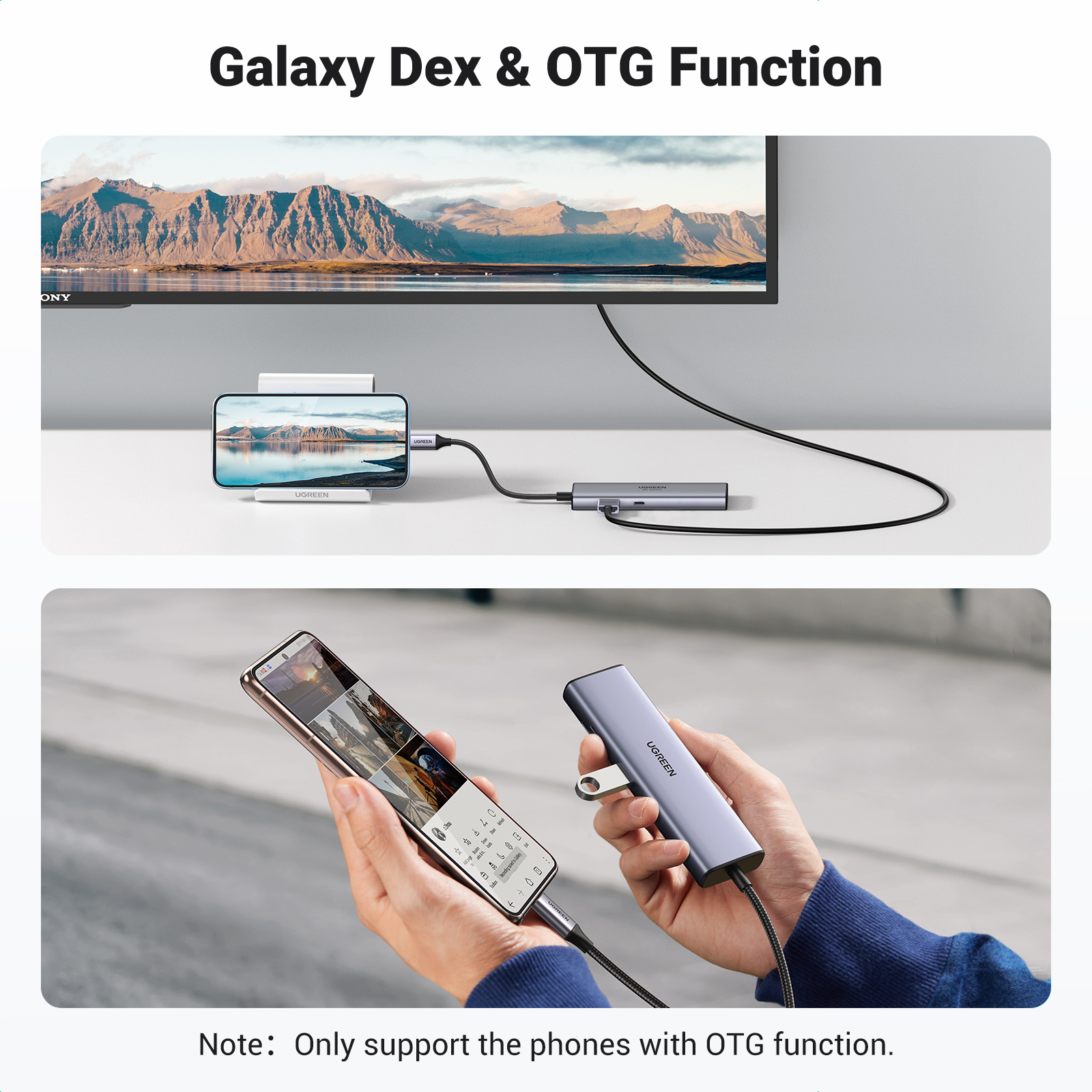 Un hub USB-C UGREEN è collegato a un telefono e a un televisore che visualizza contenuti multimediali.