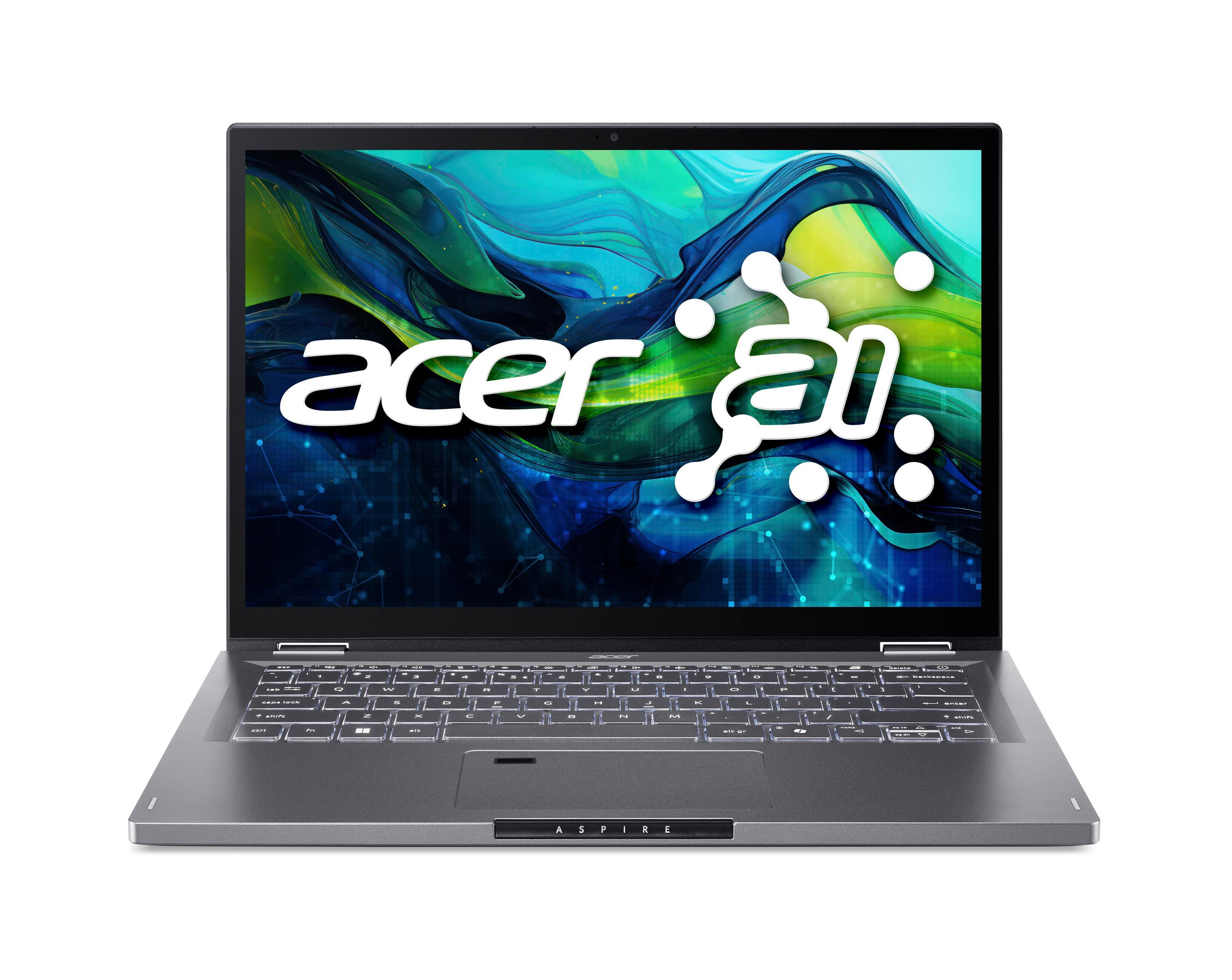 Ein geöffneter Laptop auf weißem Hintergrund zeigt das Acer-Logo und den KI-Text auf dem Bildschirm.