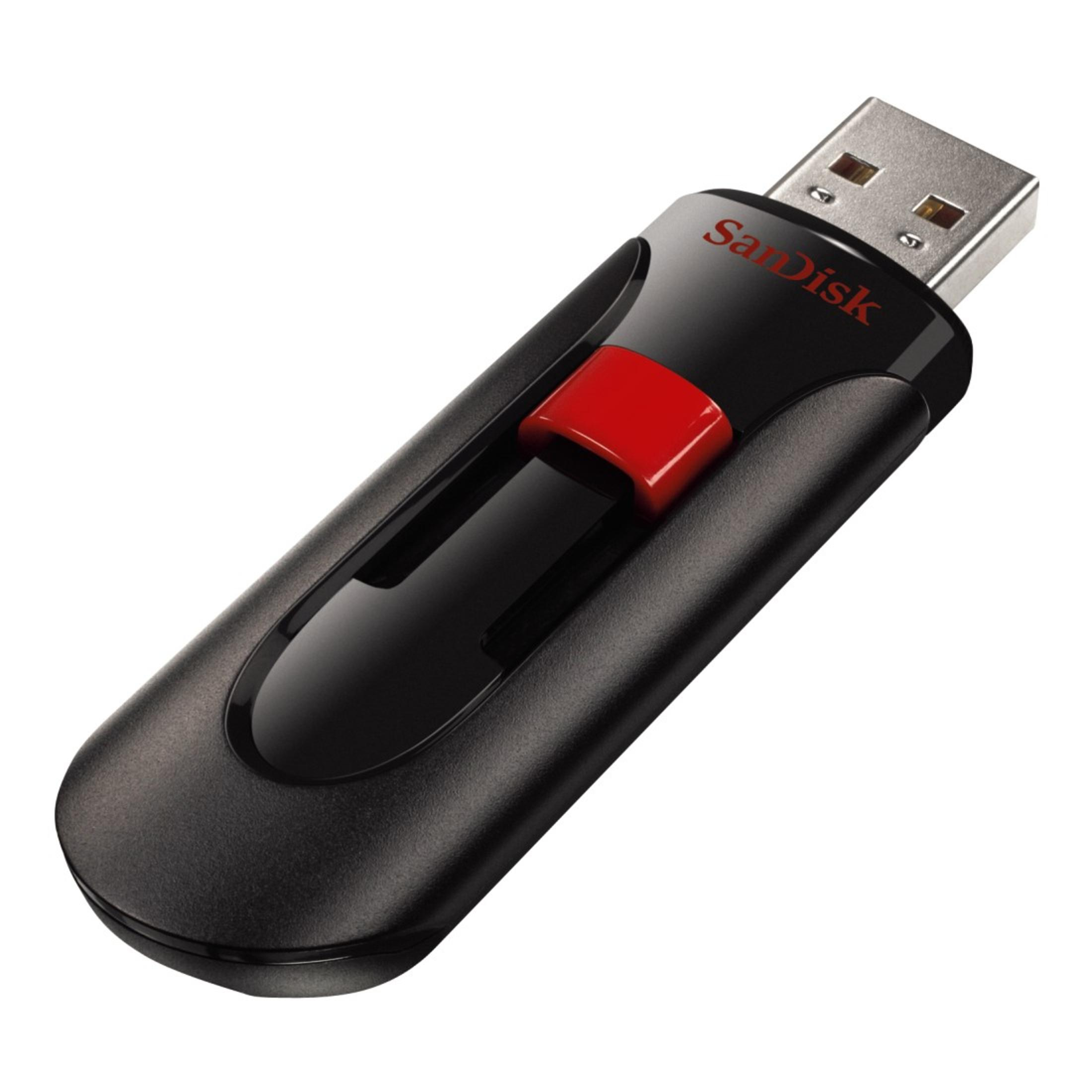 Ein schwarzer SanDisk USB-Stick mit rotem Schieber ist auf einem weißen Hintergrund abgewinkelt.