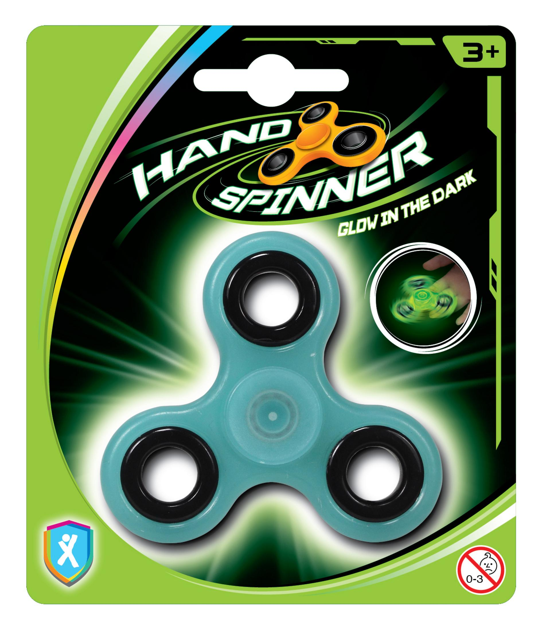 Ein blauer, im Dunkeln leuchtender Handspinner in seiner Verpackung.
