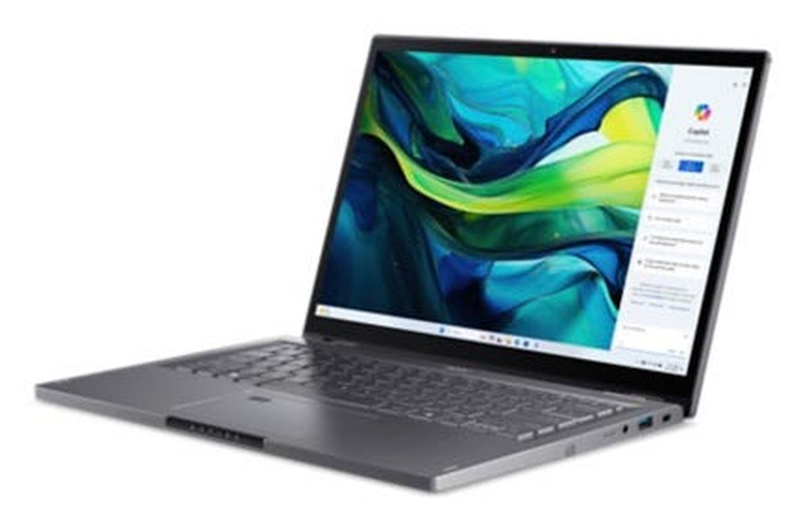 Geöffneter Laptop mit einem farbenfrohen, wirbelnden Hintergrundbild auf dem Bildschirm. Tastatur und Touchpad sind sichtbar.