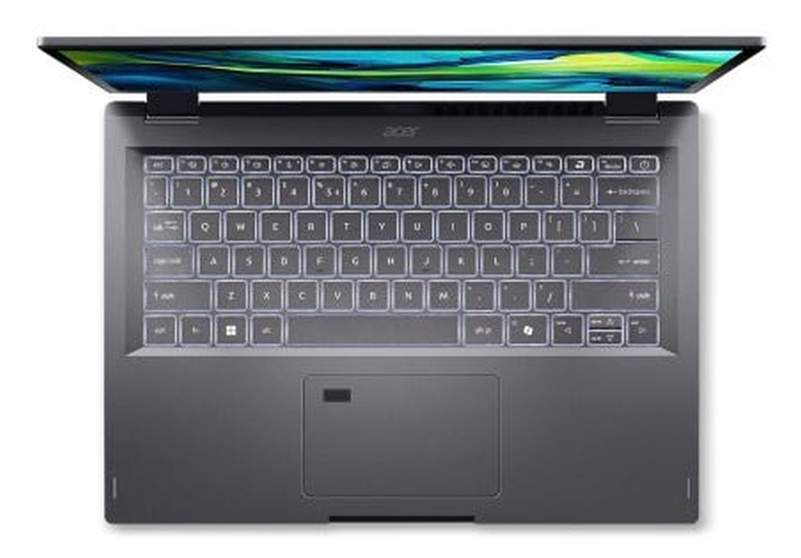 Draufsicht auf einen Laptop mit einer hintergrundbeleuchteten Tastatur und einem kleinen Touchpad.