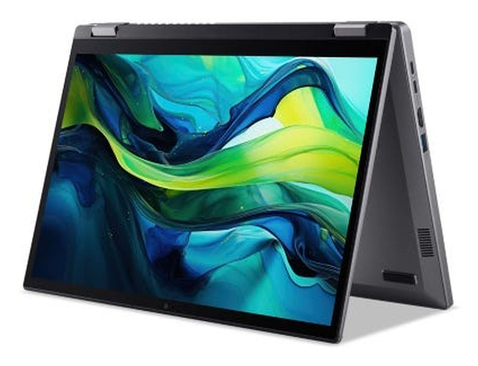 Ein Laptop ist zur Hälfte zusammengeklappt und zeigt ein lebendiges, farbenfrohes Hintergrundbild auf dem Bildschirm.