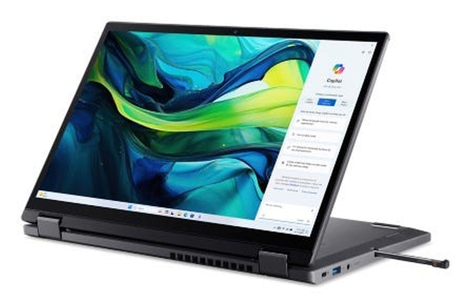 Ein Laptop ist zusammengeklappt, wobei der Bildschirm nach vorne zeigt und ein farbenfrohes Hintergrundbild anzeigt.