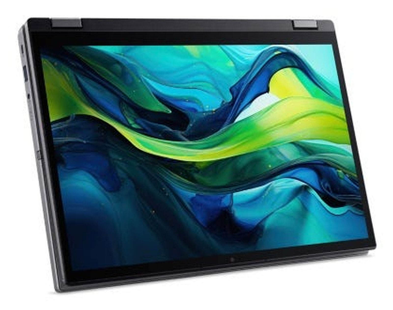 Ein Laptop ist zur Hälfte zusammengeklappt und zeigt ein farbenfrohes und lebendiges Hintergrundbild auf dem Bildschirm.