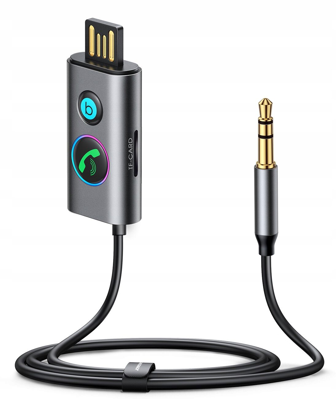 Ein Bluetooth-Empf änger mit schwarzem Kabel und 3,5-mm-Klinke.