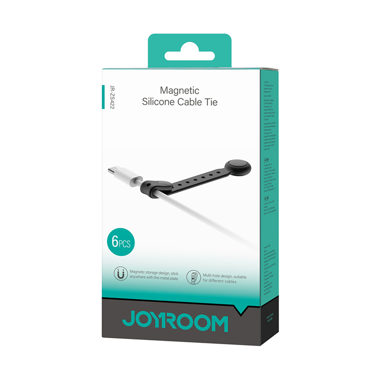 Una scatola Joyroom mostra una fascetta per cavi magnetica in silicone con un cavo bianco e un connettore magnetico nero.