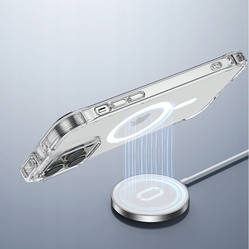 Przezroczyste etui na telefon magnetycznie mocuje się do ładowarki bezprzewodowej, demonstrując wygodną technologię ładowania.