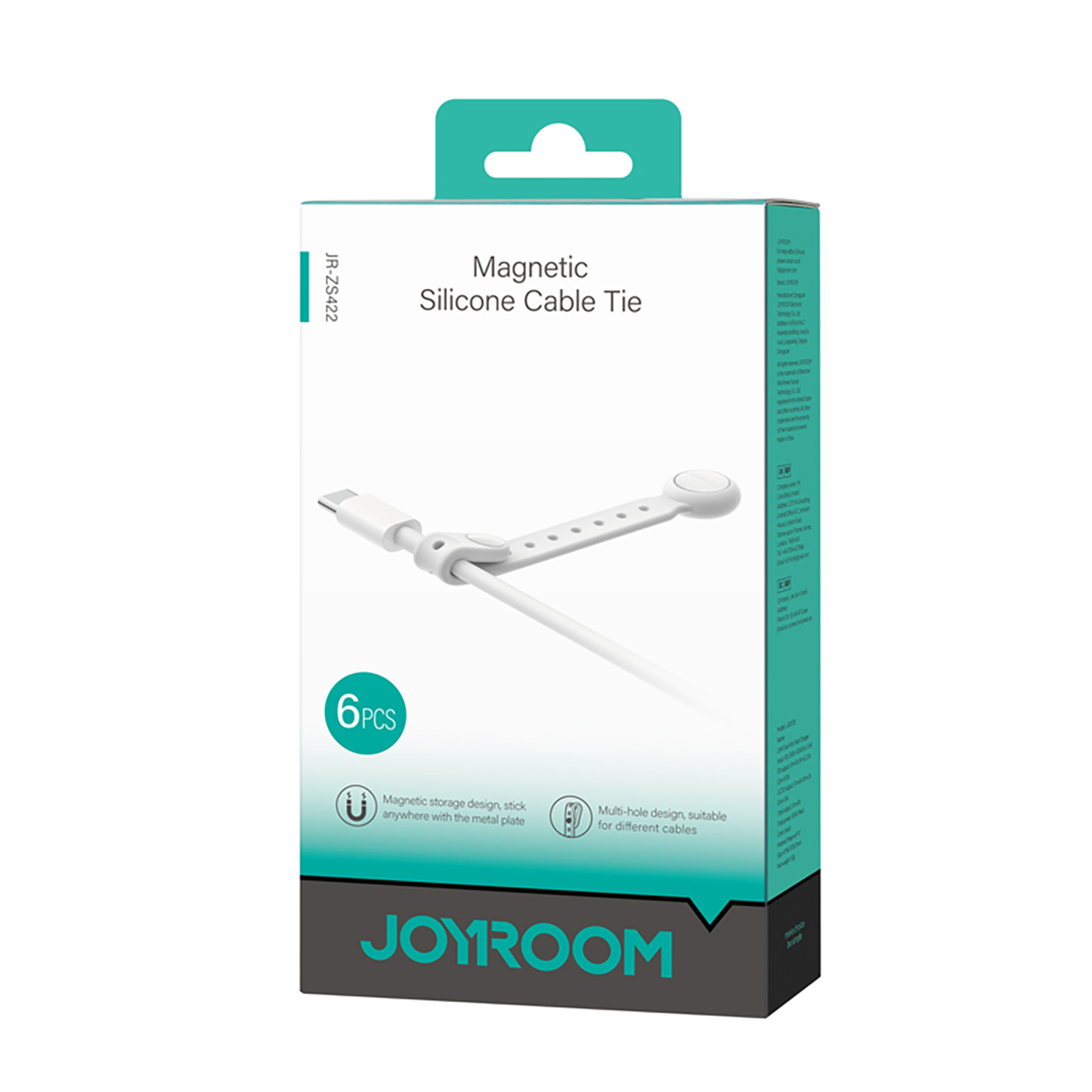 Eine Joyroom-Box zeigt eine weiße magnetische Silikon-Kabelbinder mit einem weißen Kabel und einem weißen Stecker.
