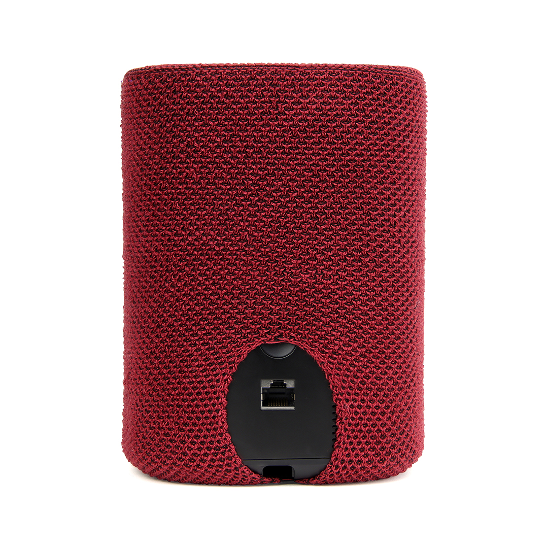 Un haut-parleur rouge avec un couvercle tissé montre son panneau arrière et ses ports sur fond blanc.