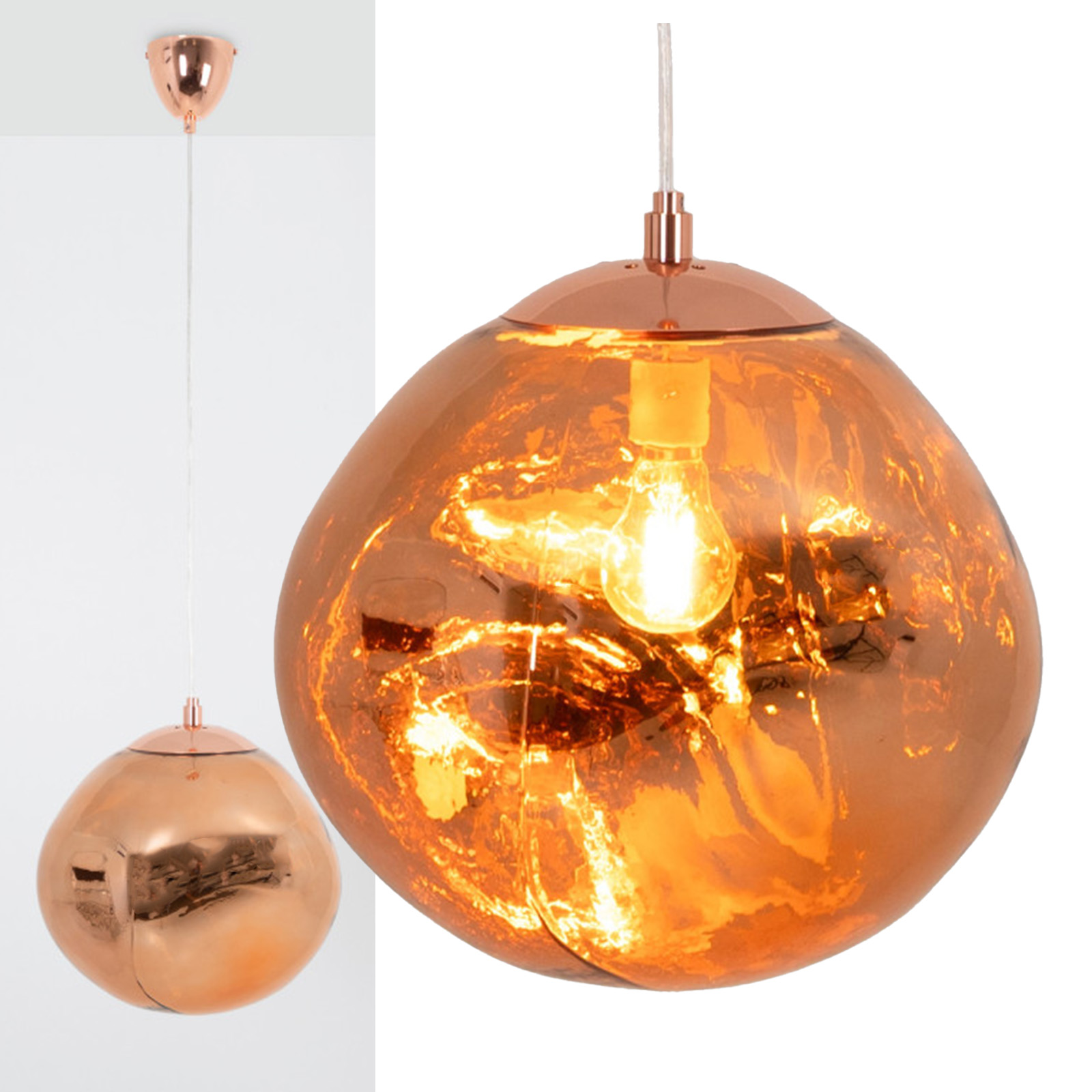 Una lámpara colgante de cobre con una superficie brillante y reflectante cuelga contra un fondo blanco, mostrando su diseño.