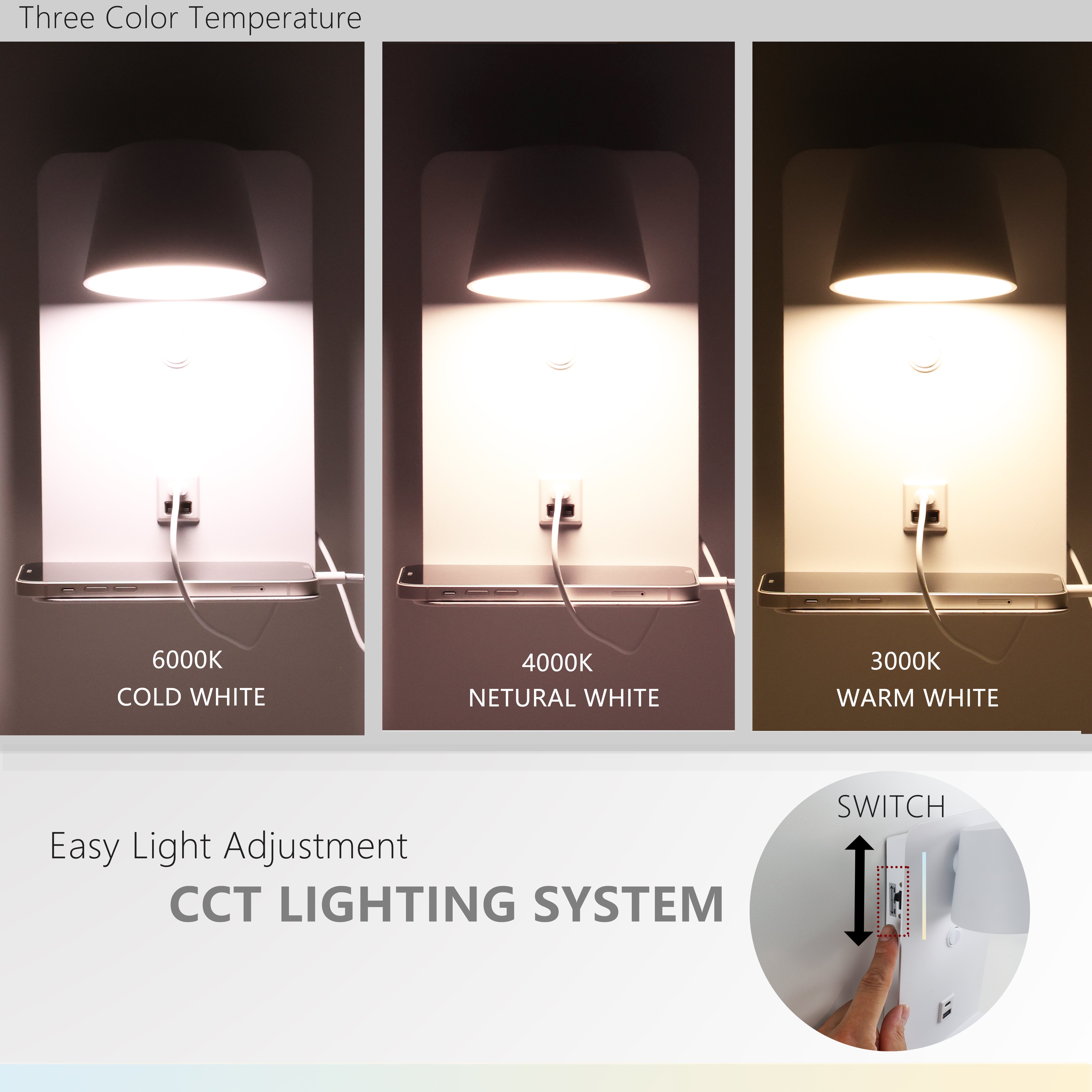 La imagen muestra tres temperaturas de color de una lámpara de pared junto con el ajuste de su sistema de iluminación CCT.
