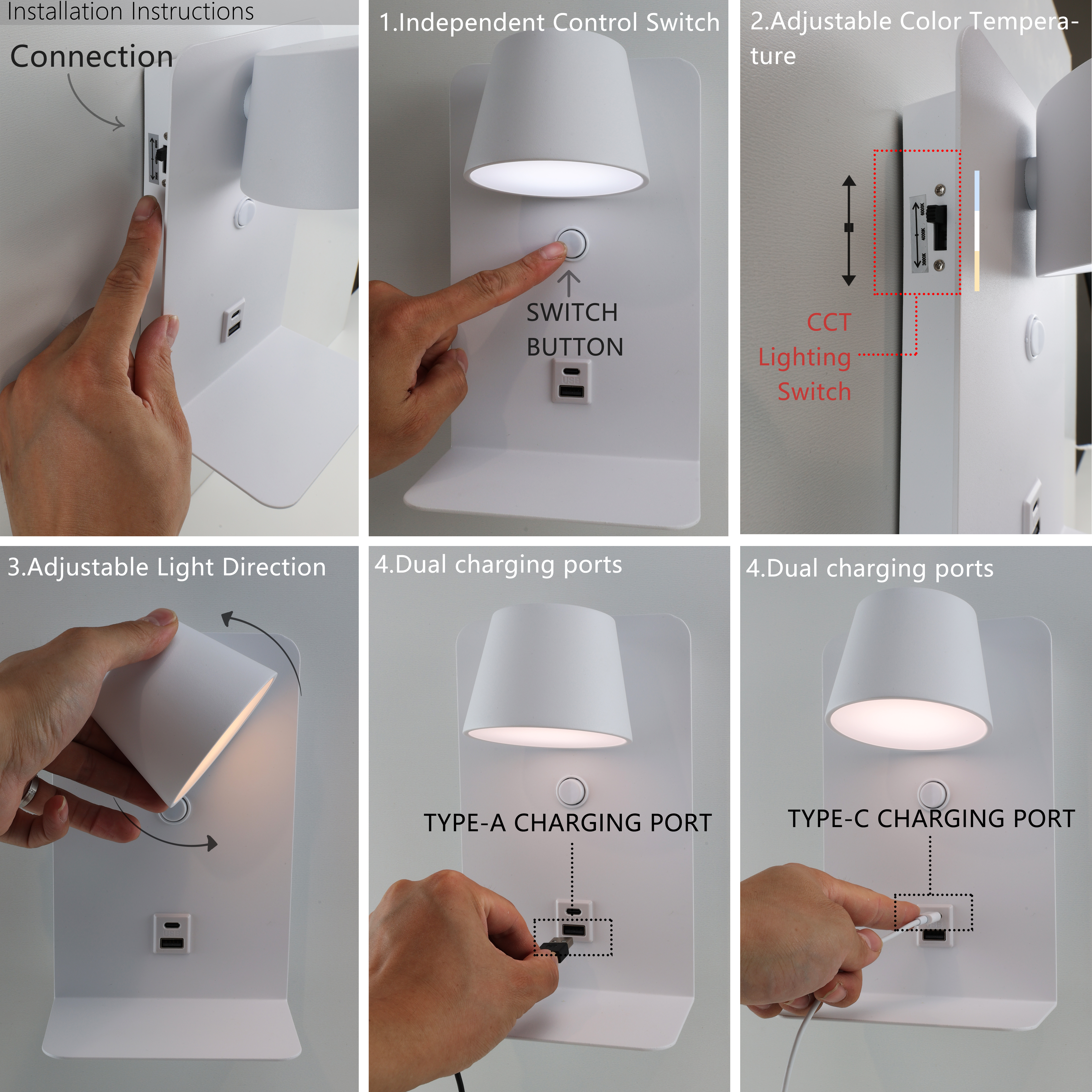 Una serie de imágenes que demuestran la instalación y las características de una lámpara de pared moderna.