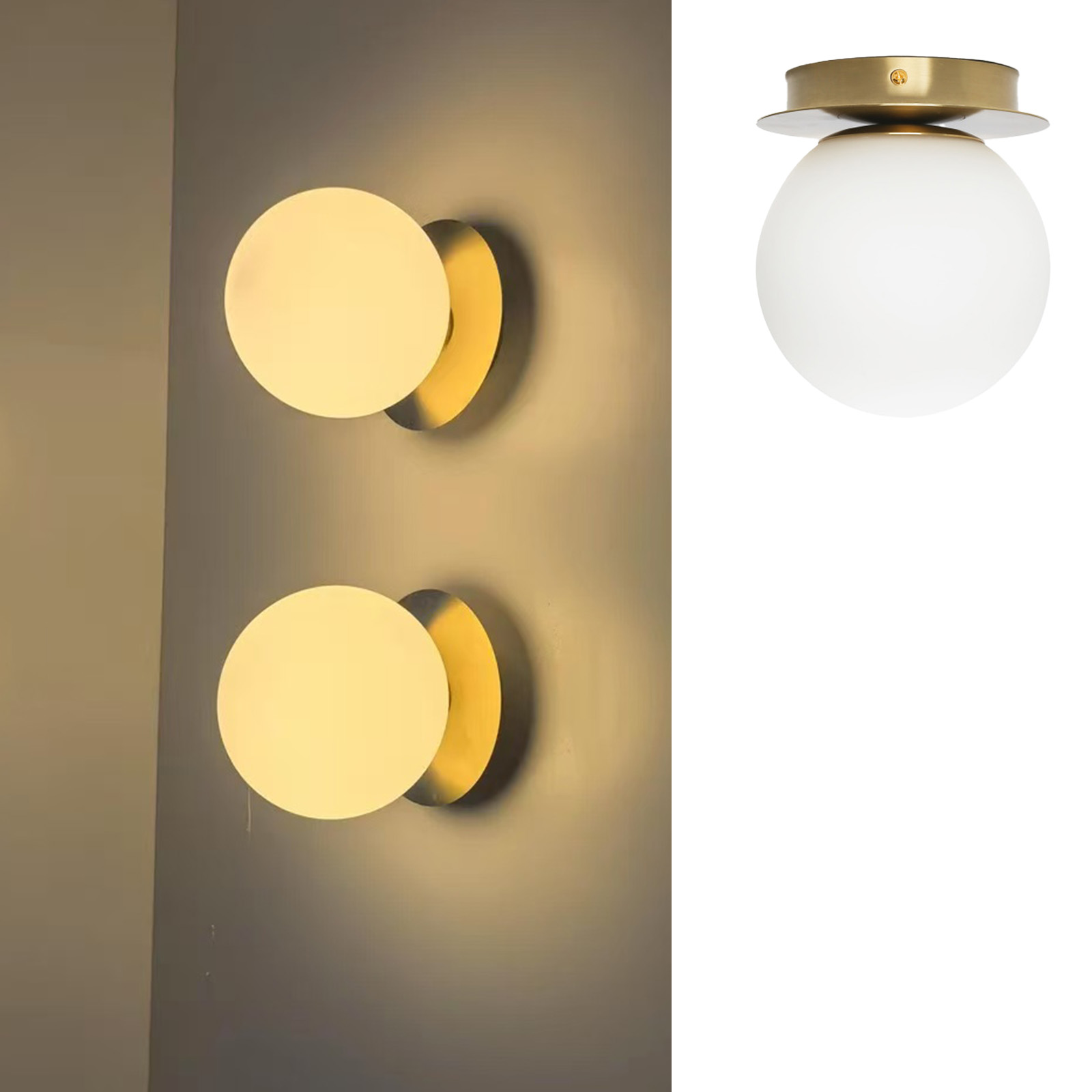 Dos apliques de pared con una pantalla de globo blanco y detalles dorados, en una pared gris.