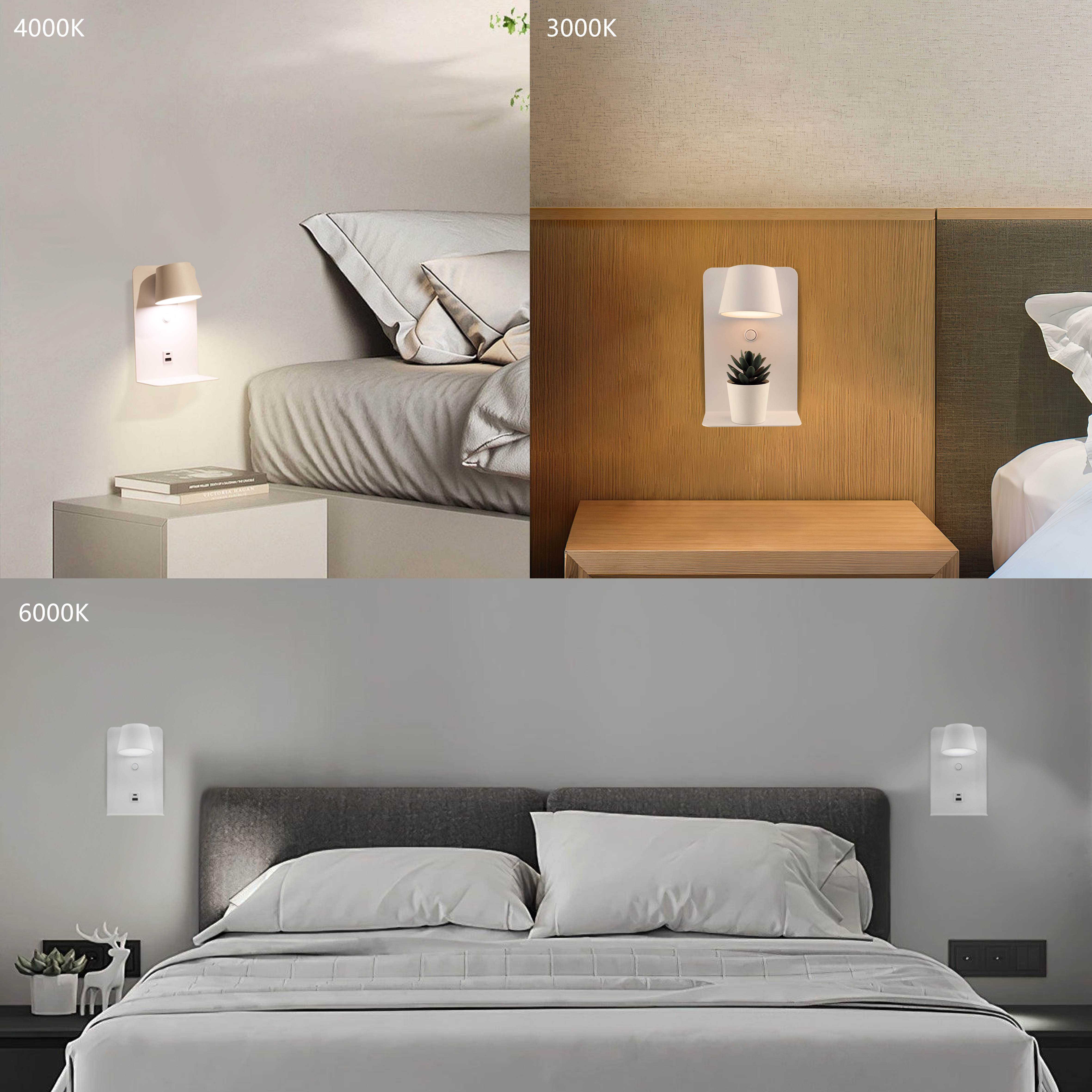 Collage de tres imágenes que muestran la misma lámpara de pared en diferentes temperaturas de color y configuraciones de dormitorio.