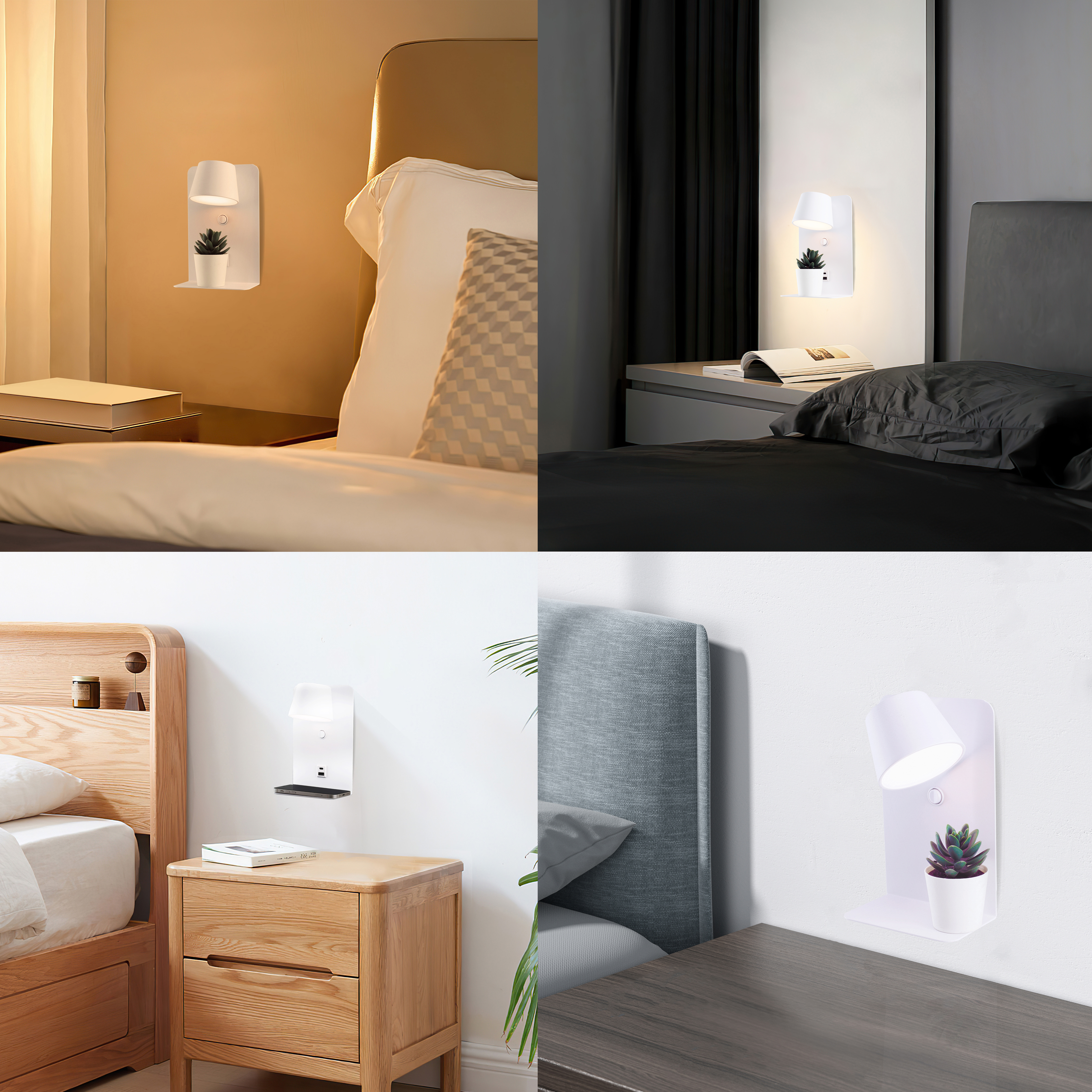 Un collage de cuatro imágenes muestra una lámpara de pared en diferentes configuraciones de dormitorio.