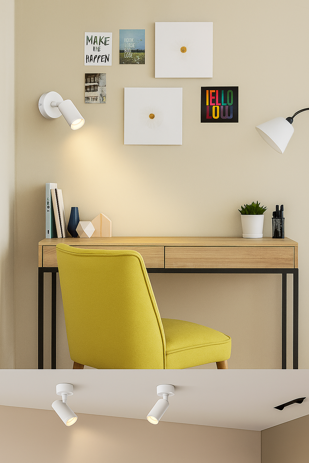 Un espacio de trabajo bien iluminado con escritorio, arte de pared, silla y focos de techo.